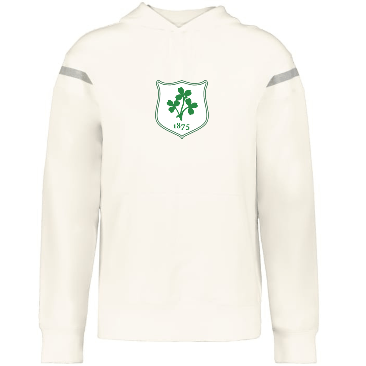 The WRS Augusta Ireland Heritage Prep Vintage Shield Hoodie is a white rugby-style hoodie with gray sleeve stripes and a green clover with "1875" on the chest, celebrating classic Irish heritage style.