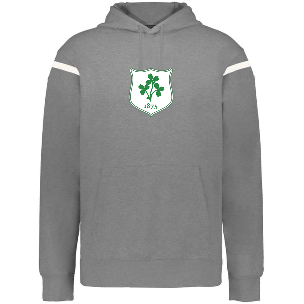 The WRS Augusta Ireland Heritage Prep Vintage Shield Hoodie is gray with white sleeve stripes and a green and white chest crest featuring "1875" and three clovers.