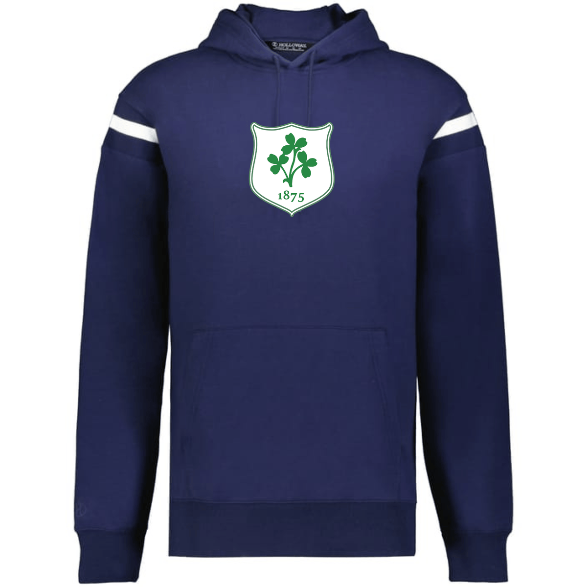 The WRS Augusta Ireland Heritage Prep Vintage Shield Hoodie is navy blue with white sleeve stripes and a vintage shield emblem with green shamrocks and "1875" on the chest.