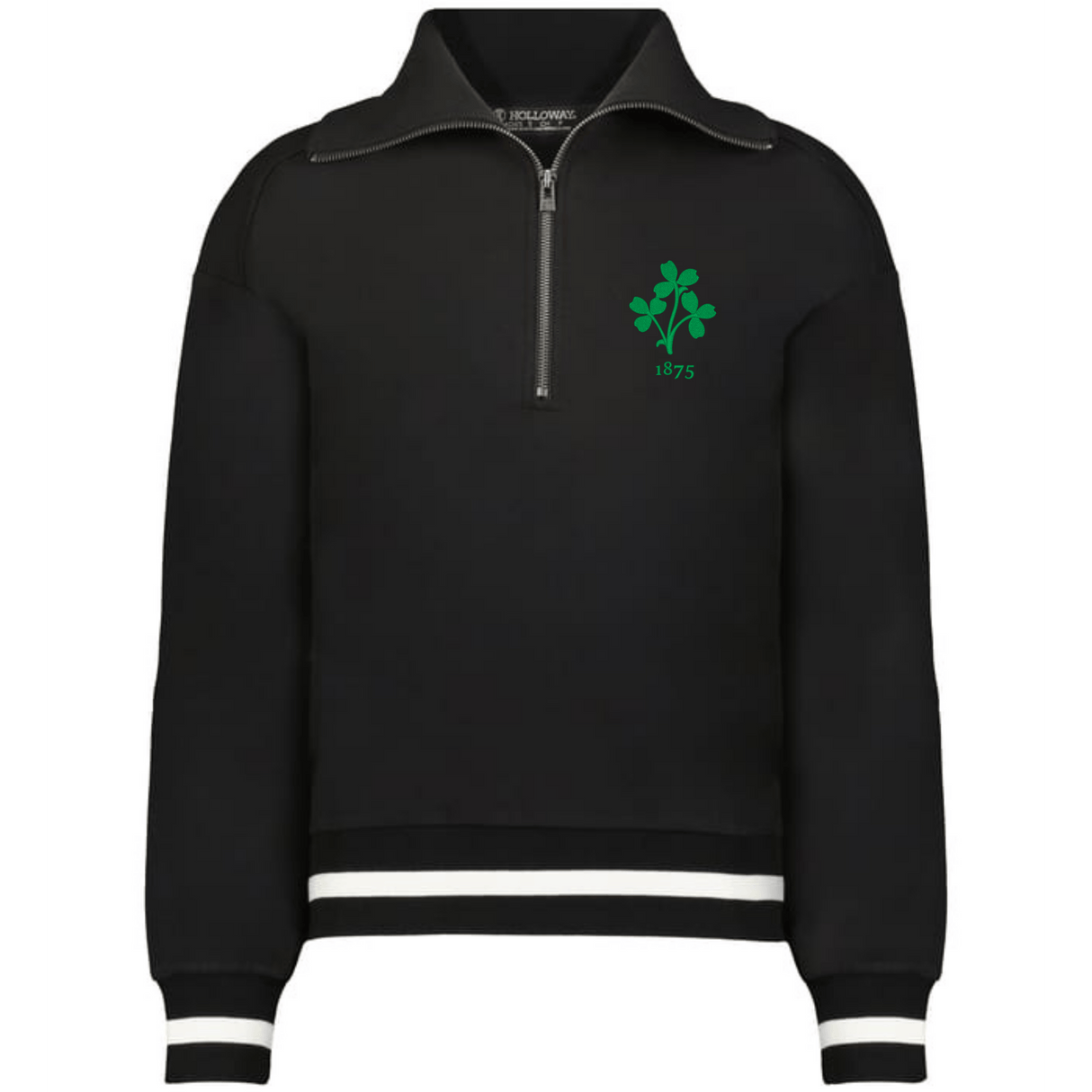 The EMB Augusta Women's Vintage Ireland Heritage Prep Pullover is a black quarter-zip with white cuff and hem stripes, a green shamrock, and "1875" on the chest—perfect for celebrating your Irish roots.