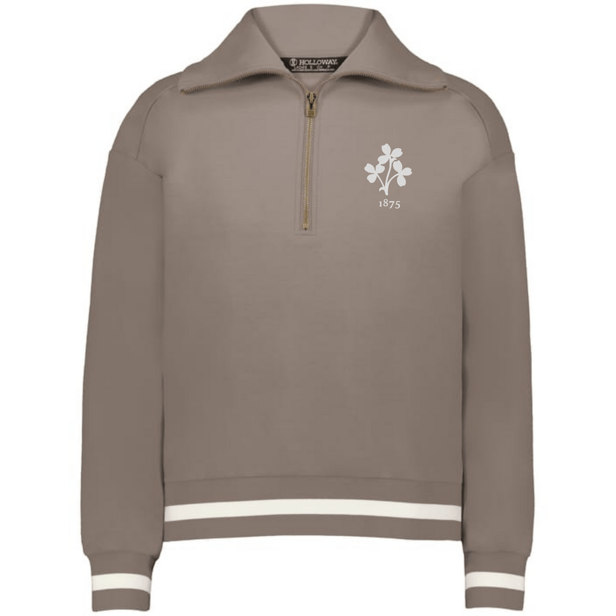 The EMB Augusta Women's Vintage Ireland Heritage Prep Pullover features white double stripes on the cuffs and hem and a "1875" floral chest emblem, celebrating Irish heritage in a classic light brown design.