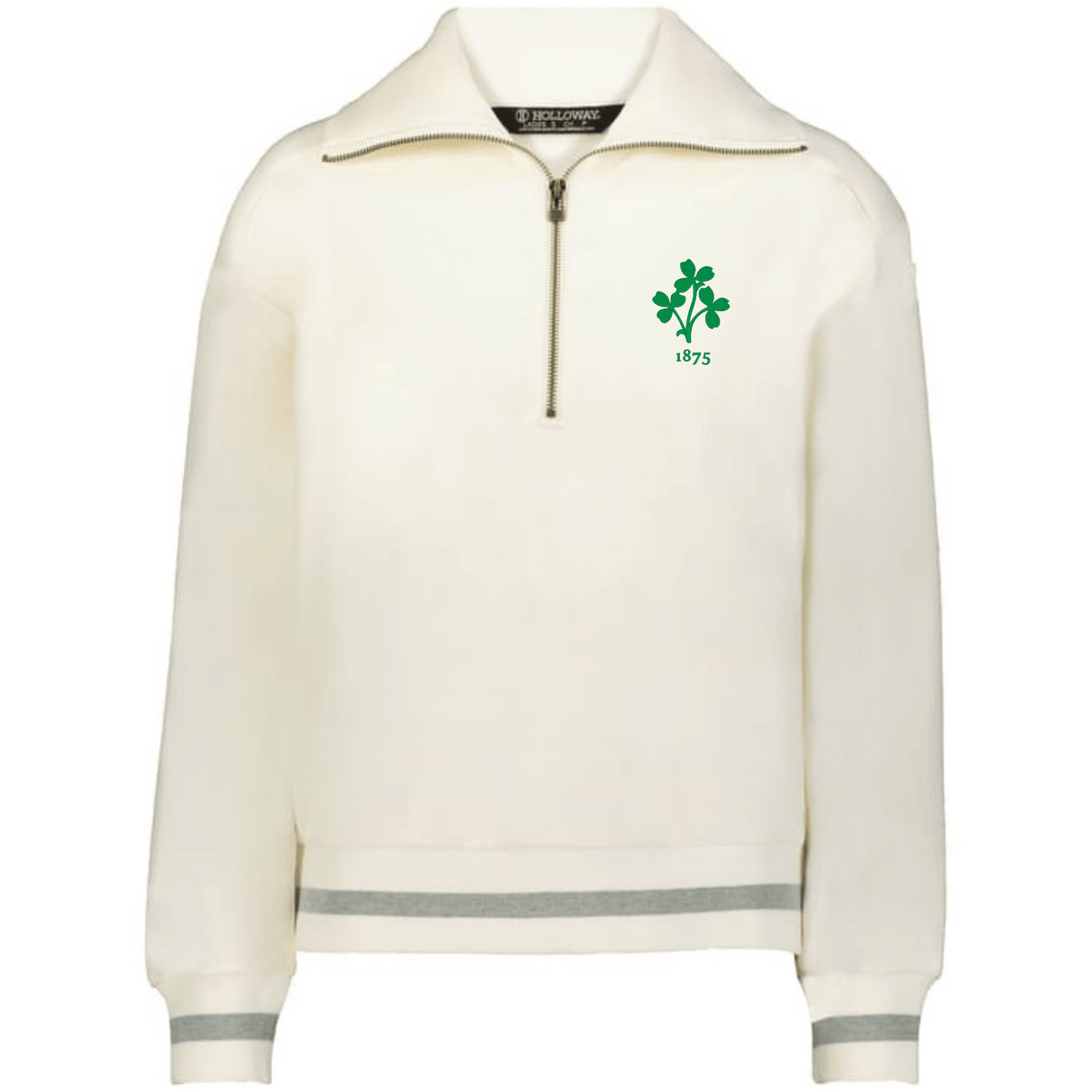 Honor Irish heritage in the EMB Augusta Women's Vintage Ireland Heritage Prep Pullover, featuring a front half-zip, grey cuff and hem stripes, and a green shamrock with "1875" on the left chest for timeless preppy style.