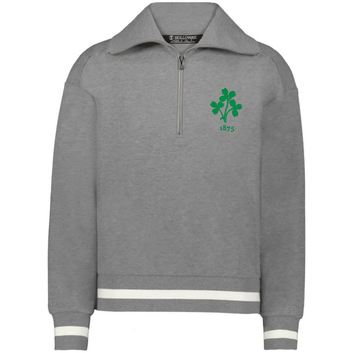 The Women's Vintage Ireland Heritage Prep Pullover by EMB Augusta is a gray top with white striped cuffs and hem, featuring a green clover and "1875" on the chest, celebrating Irish heritage.