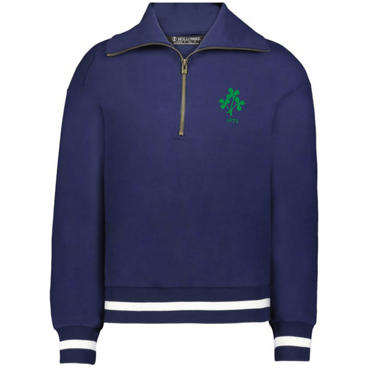 The EMB Augusta Women's Vintage Ireland Heritage Prep Pullover is a navy quarter-zip with white cuff and hem stripes, plus a small green clover and "#75" on the chest—honoring Irish heritage.