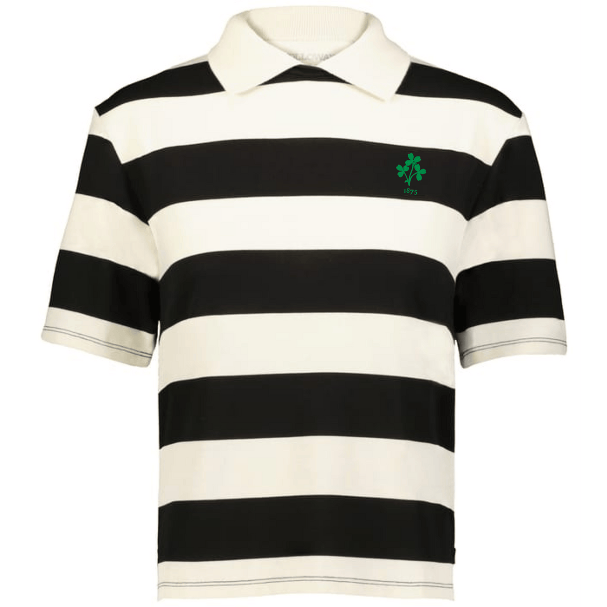 The EMB Augusta Women's Vintage Ireland Prep Street Rugby Crop is a short-sleeve, collared shirt with wide black and white stripes and a small green emblem, capturing the perfect Ireland prep street vibe.