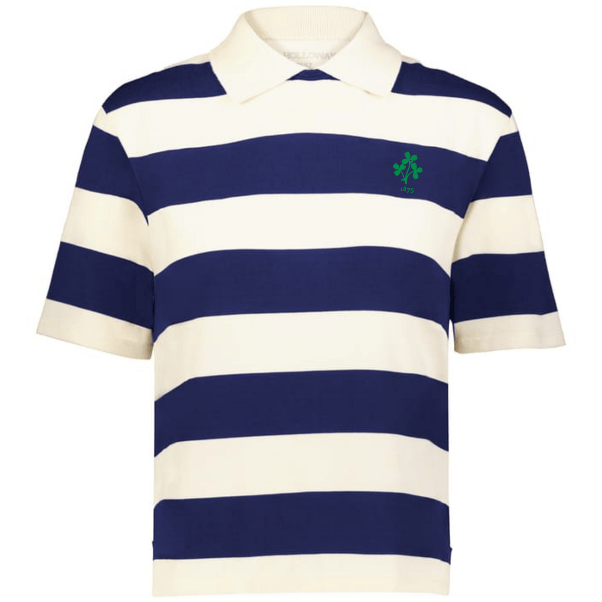 The EMB Augusta Women's Vintage Ireland Prep Street Rugby Crop is a short-sleeve collared shirt with bold navy and white stripes and a small green emblem on the chest, exuding vintage rugby style.