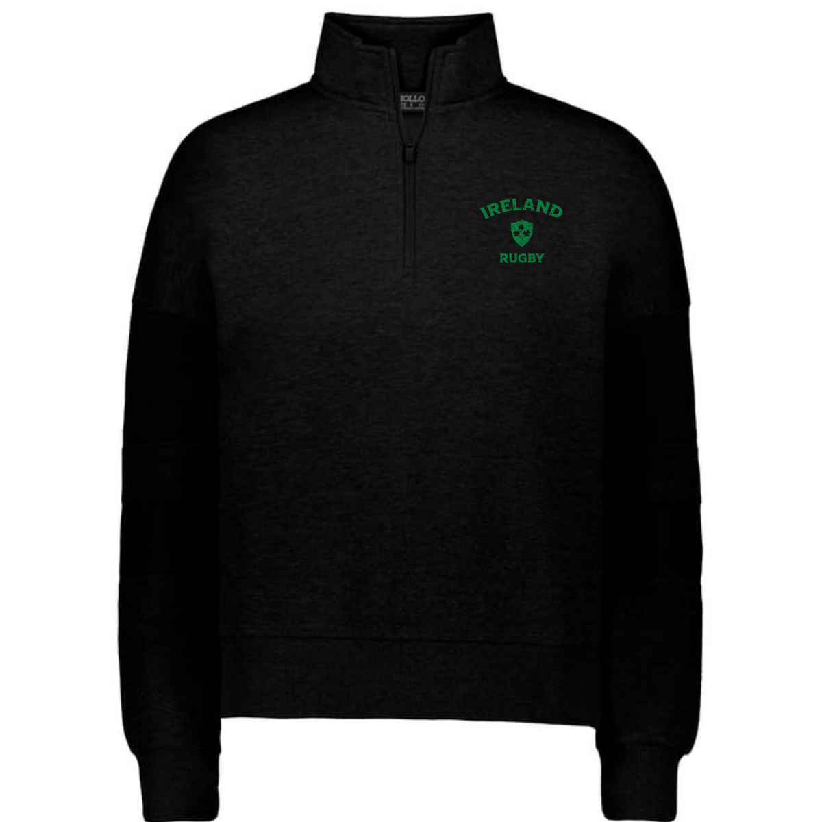 The EMB Augusta Women's Nations of Rugby Ireland Jackson Way Pullover is a black top with "Ireland Rugby" and a green shamrock logo on the left chest, perfect for rugby fans. Shown on a plain white background.