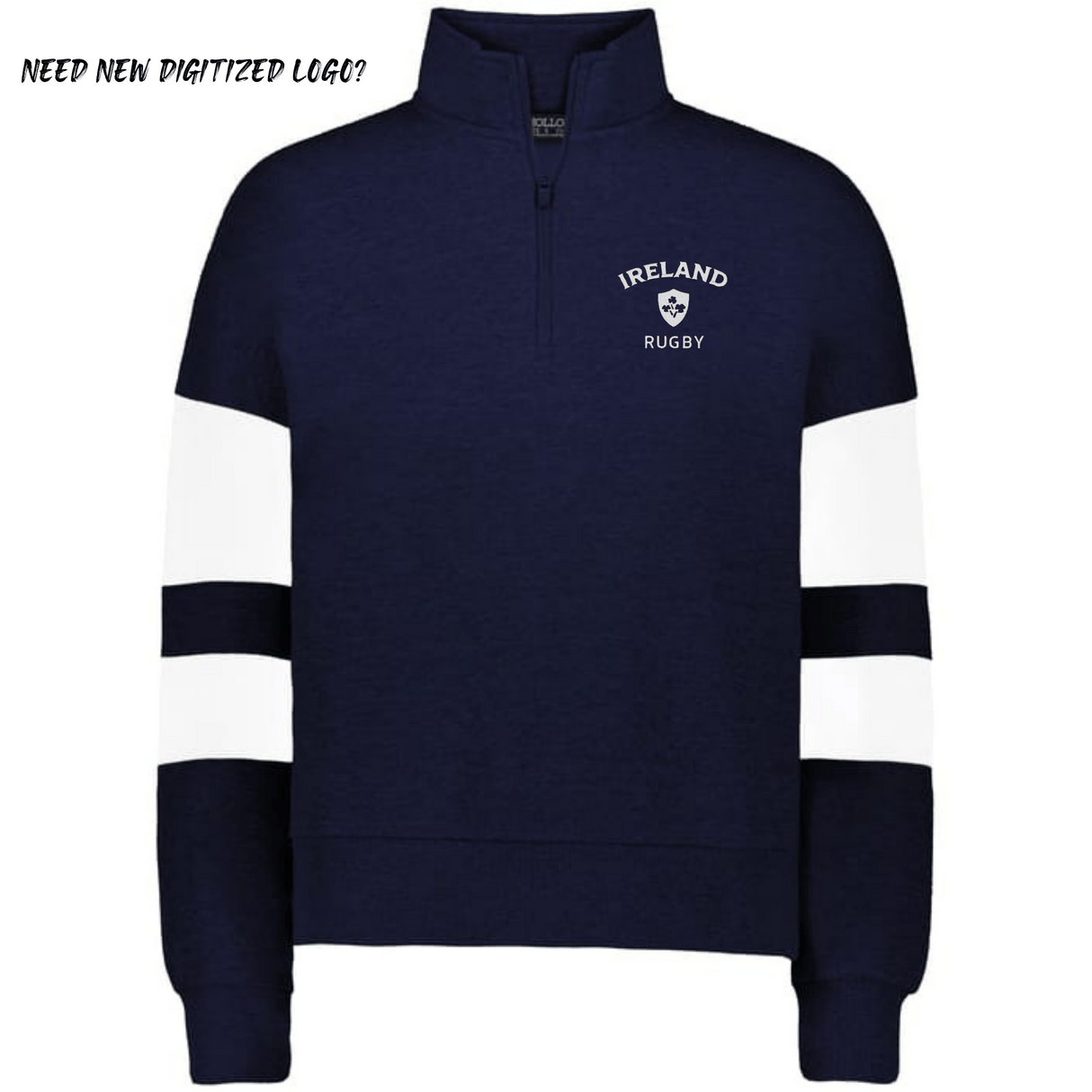 The EMB Augusta Women's Nations of Rugby Ireland Jackson Way Pullover features a navy design with white sleeve stripes and an "Ireland Rugby" logo on the left chest—ideal for fans. "Need new digitized logo?" appears in the top left corner.