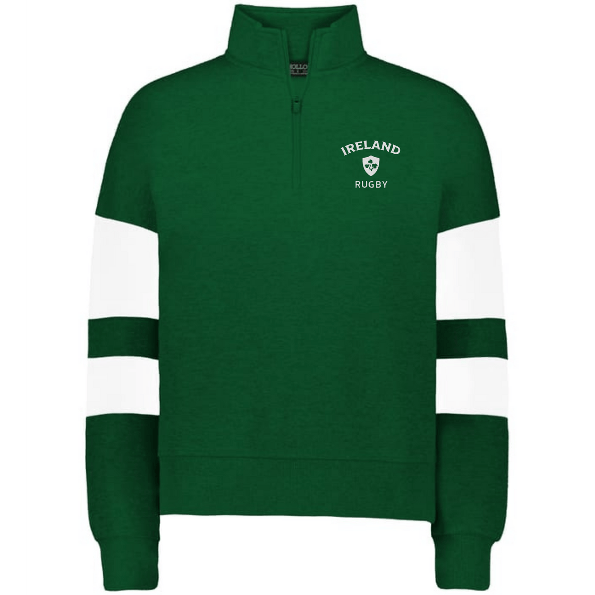 Show your support in the Women's Nations of Rugby Ireland Jackson Way Pullover by EMB Augusta—a green quarter-zip with white double sleeve stripes and an "Ireland Rugby" logo on the left chest.