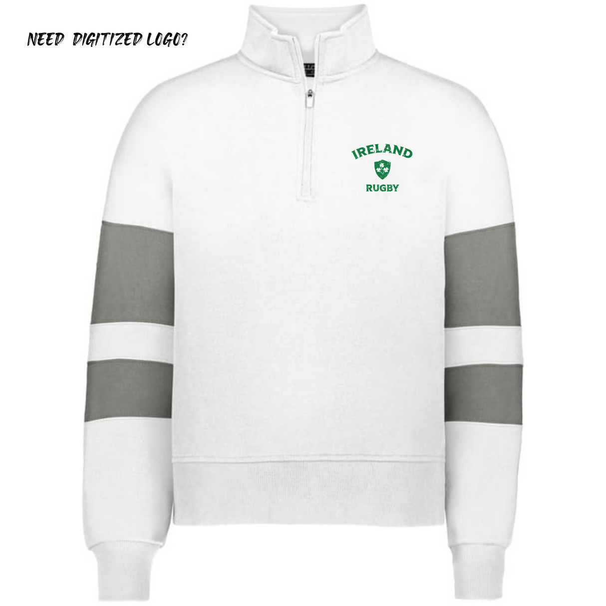 The Women's Nations of Rugby Ireland Jackson Way Pullover by EMB Augusta is a white quarter-zip with gray sleeve stripes and a green "Ireland Rugby" logo. This cropped fleece is perfect for women's rugby supporter apparel. "Need Digitized Logo?" appears top left.