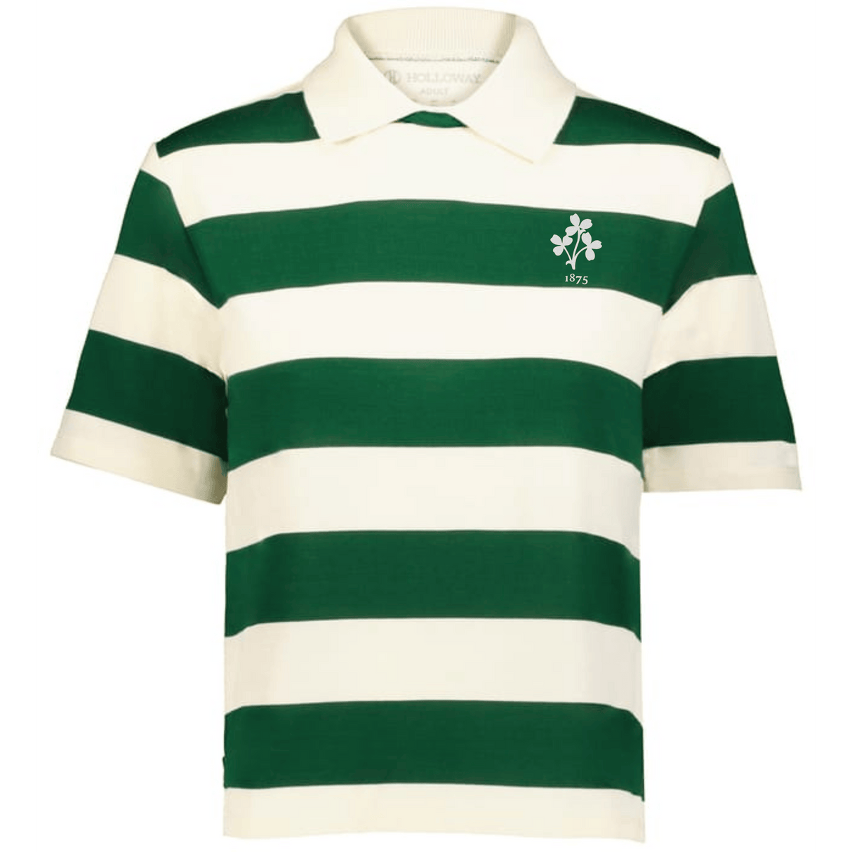 The EMB Augusta Women's Vintage Ireland Prep Street Rugby Crop features bold green and white stripes, a small “1875” chest emblem, and a classic cropped rugby design for the perfect Ireland-inspired street style.