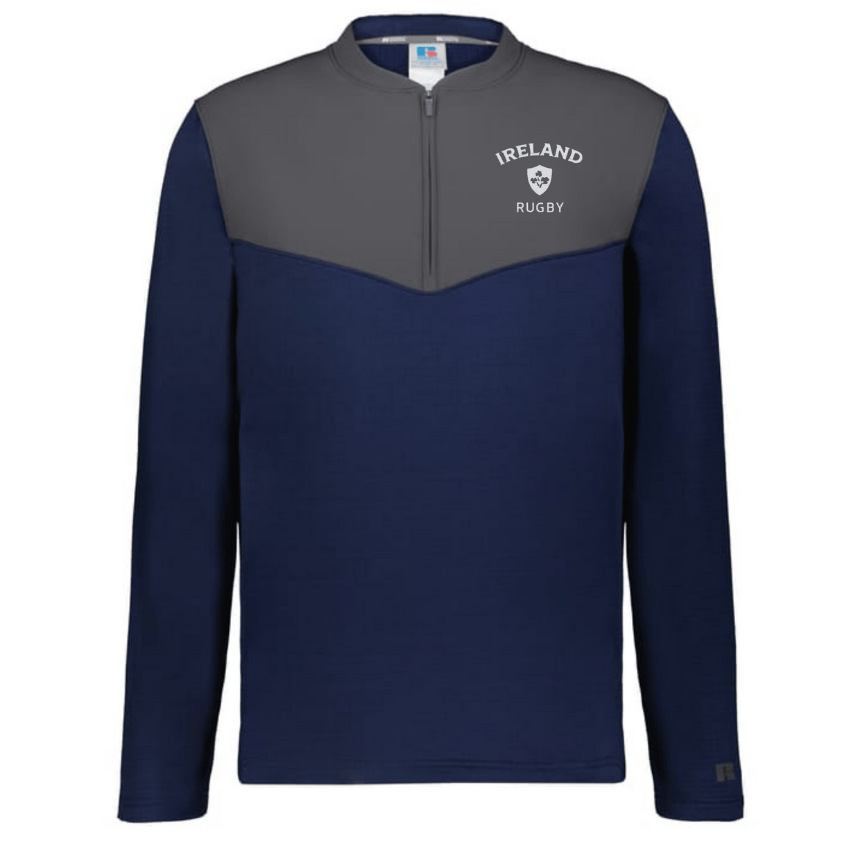 The EMB Augusta Nations of Rugby Ireland Sideline Grid 1/4 Zip Pullover features a navy body, gray yoke, and "IRELAND RUGBY" with logo on the left chest—a classic piece of sideline rugby apparel.