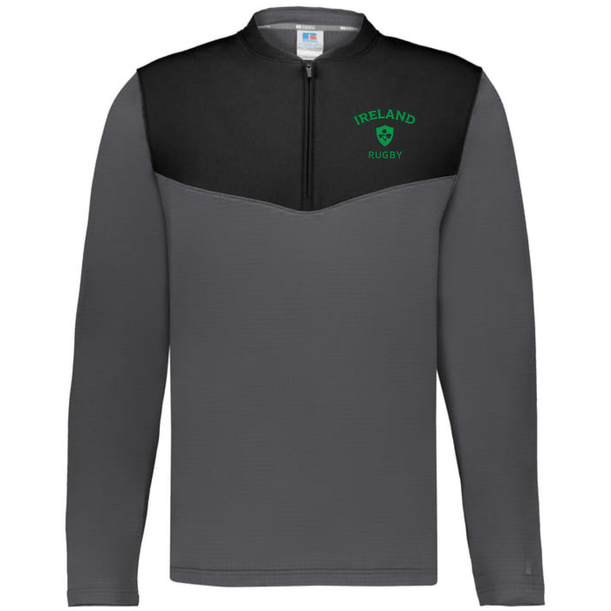 The EMB Augusta Nations of Rugby Ireland Sideline Grid 1/4 Zip Pullover, in gray and black with a "Ireland Rugby" print and a green shamrock emblem on the chest, is ideal for any Ireland rugby fan.