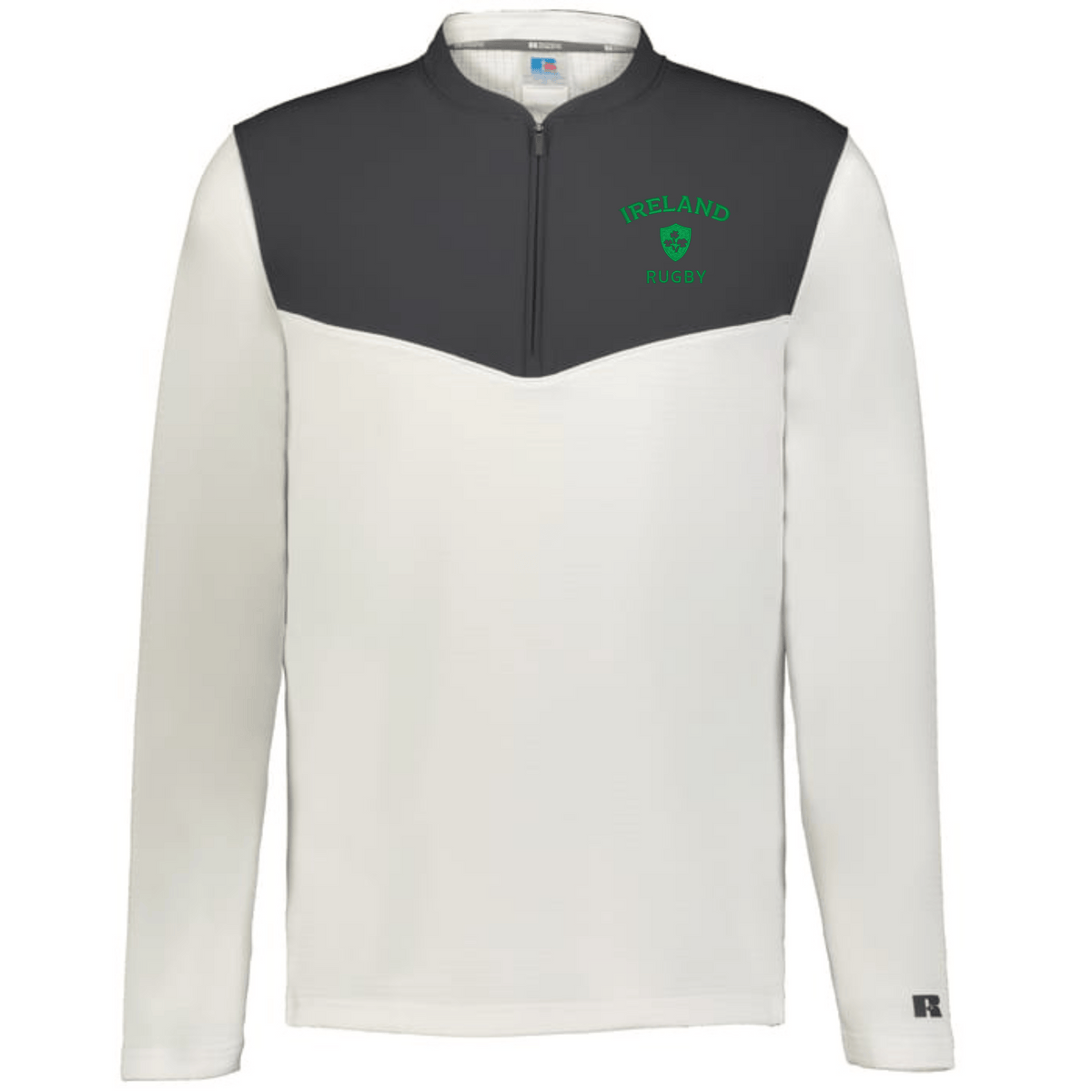 Show your Ireland rugby pride with the EMB Augusta Nations of Rugby Sideline Grid 1/4 Zip Pullover—long-sleeve, white and dark gray design, featuring a green "Ireland Rugby" logo on the left chest.