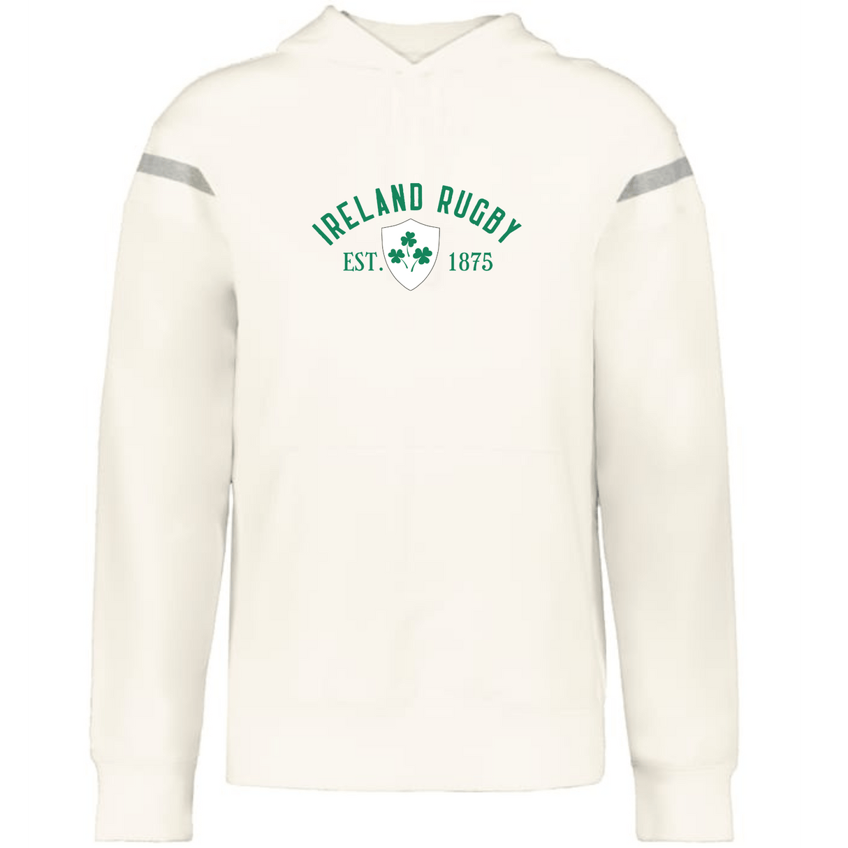 The WRS Augusta Ireland Est 1875 Heritage Prep Vintage Shield Hoodie is white with "Ireland Rugby EST. 1875" and a green shamrock shield logo on the chest.