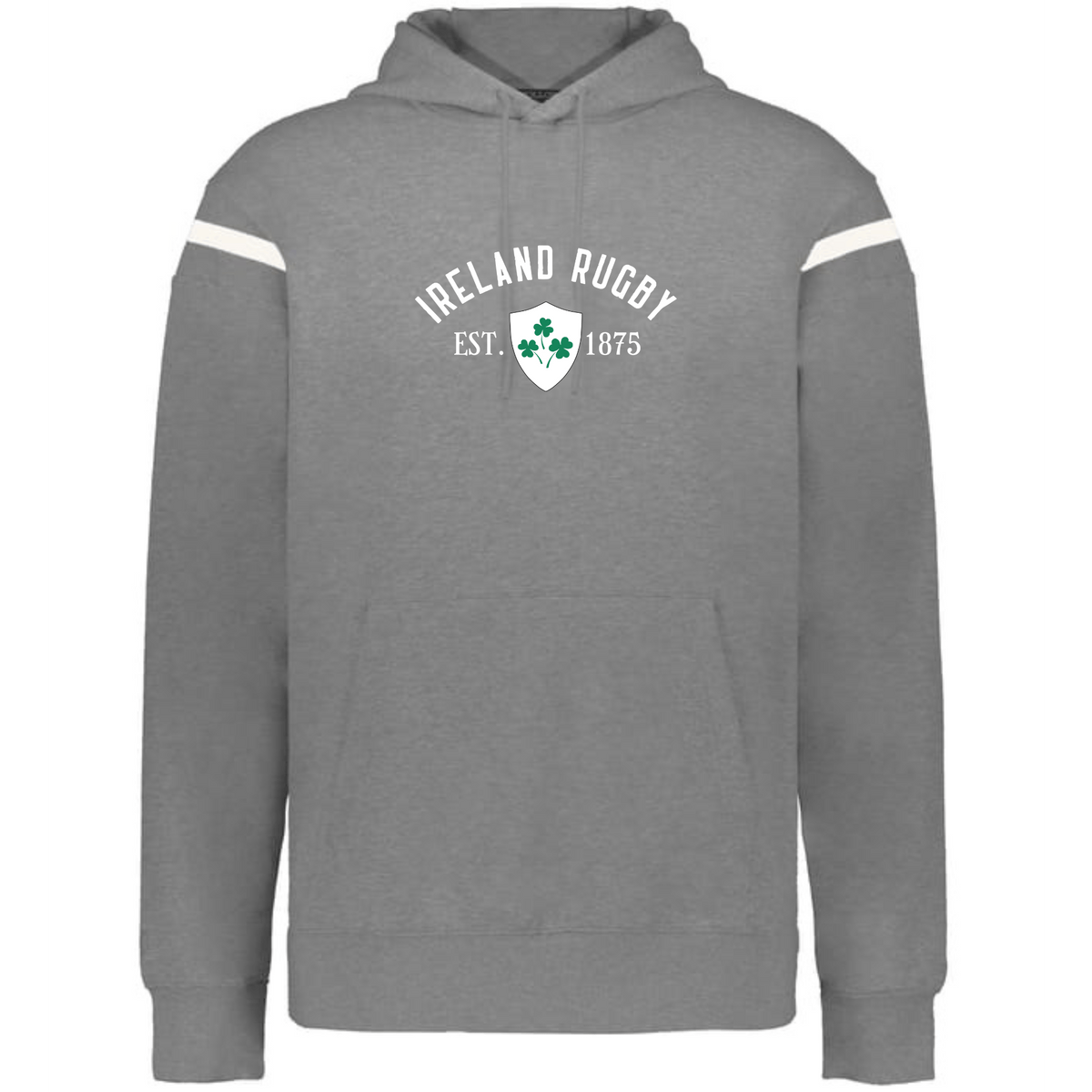 The WRS Augusta Ireland Est 1875 Heritage Prep Vintage Shield Hoodie features a gray design with white sleeve stripes and a shamrock crest, perfect for showcasing classic Irish style.