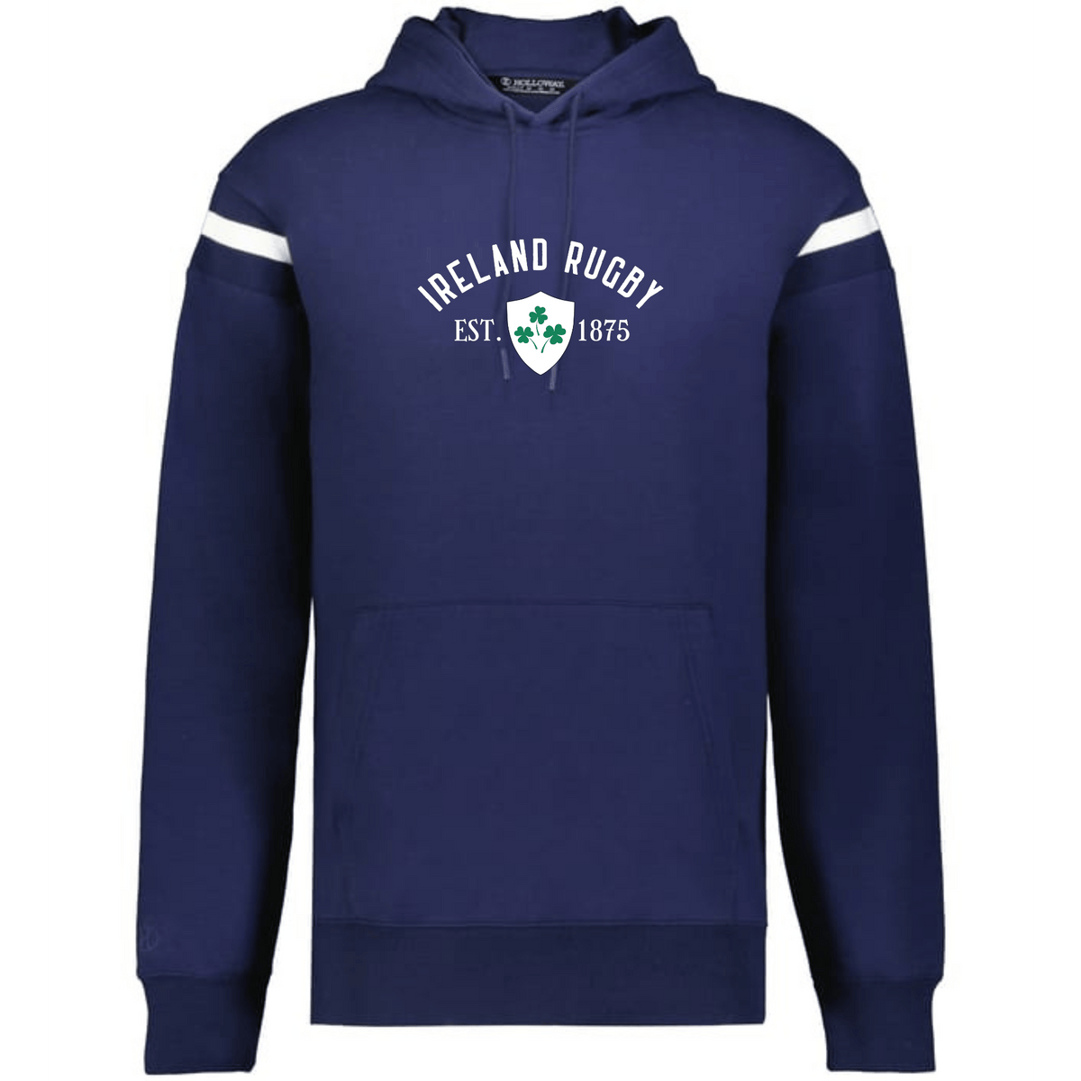 The WRS Augusta Ireland Est 1875 Heritage Prep Vintage Shield Hoodie is a navy hooded sweatshirt with white sleeve stripes and "Ireland Rugby Est. 1875" plus crest on the front—perfect for celebrating Irish rugby heritage.