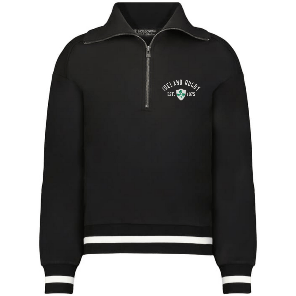 The EMB Augusta Women’s Vintage Ireland Est 1875 Heritage Prep Pullover features a black quarter-zip design, white striped cuffs and hem, “Ireland Rugby EST. 1875,” and a green shamrock crest—perfect for fans seeking heritage style.