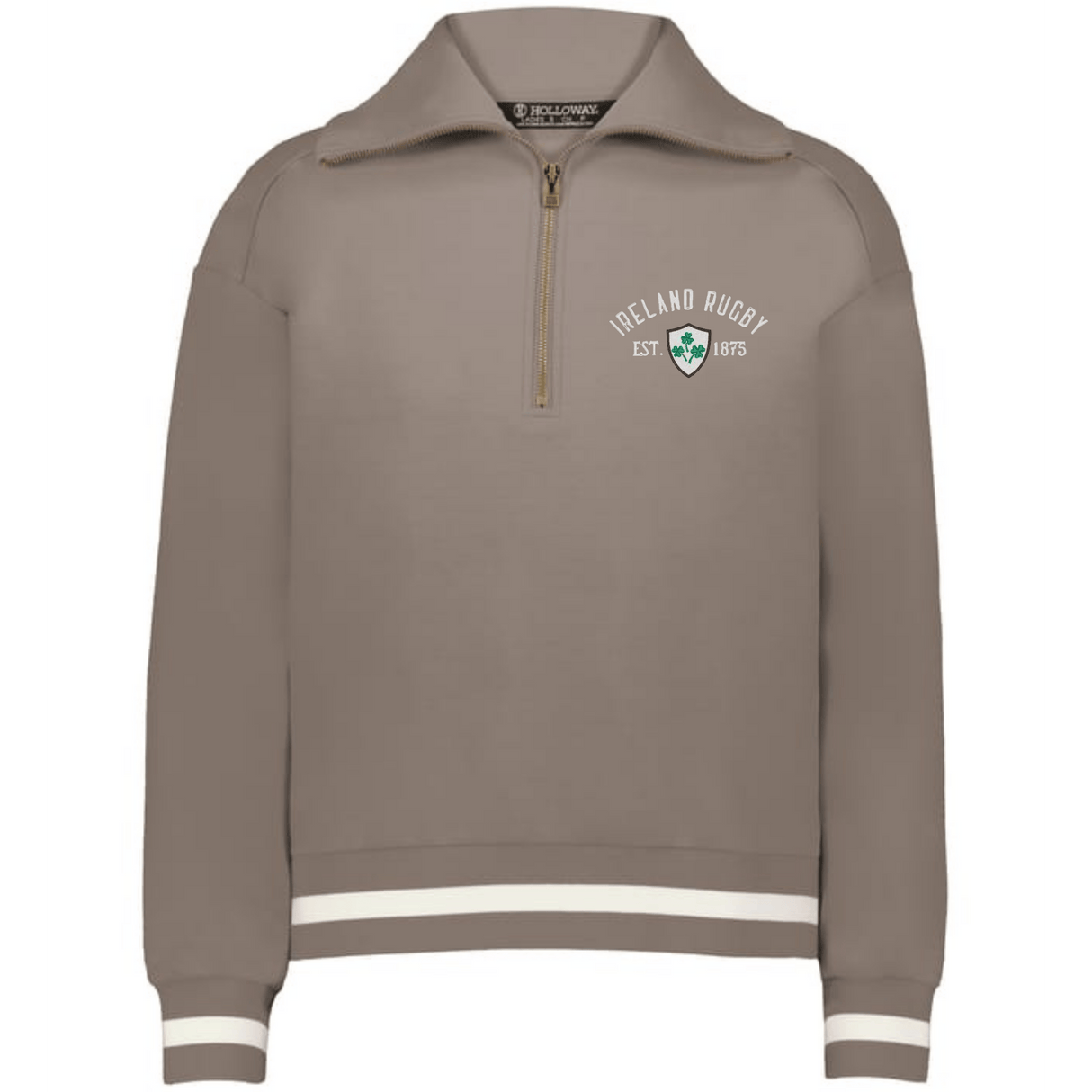 The EMB Augusta Women’s Vintage Ireland Est 1875 Heritage Prep Pullover features “Ireland Rugby Est. 1875” and a crest on the chest, with white stripes on the cuffs and hem for a classic look.