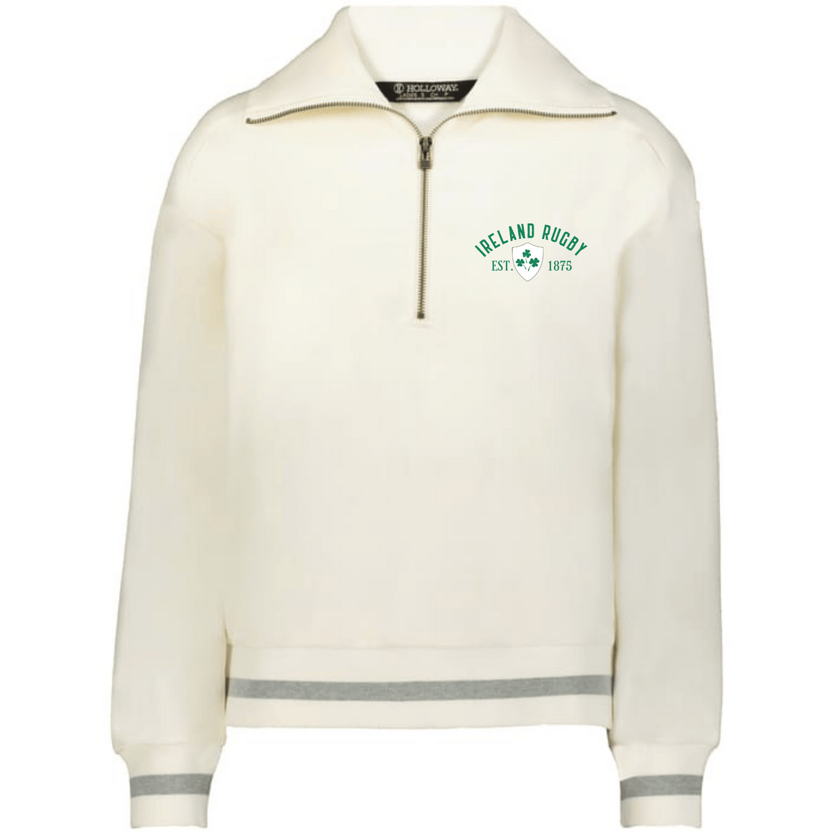 The EMB Augusta Women's Vintage Ireland Est 1875 Heritage Prep Pullover is a cream quarter-zip sweatshirt with grey striped cuffs and hem, plus a green "Ireland Rugby EST. 1875" shamrock logo on the chest for classic heritage style.