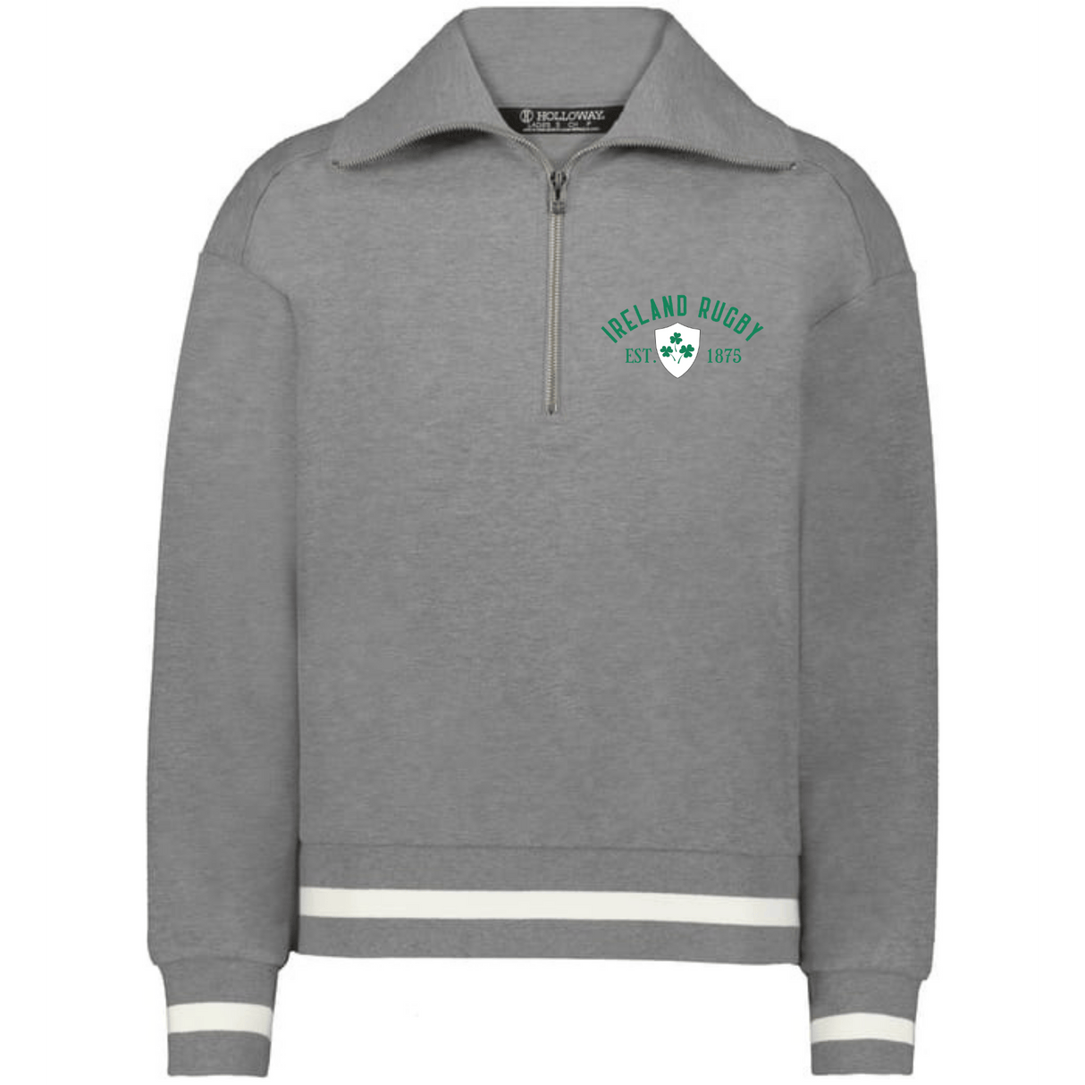 The EMB Augusta Women's Vintage Ireland Est 1875 Heritage Prep Pullover is a gray sweatshirt with white-striped cuffs and hem, featuring a green "Ireland Rugby Est. 1875" logo and shamrock emblem—classic style and comfort.