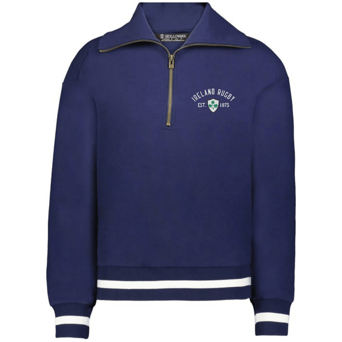 The EMB Augusta Women's Vintage Ireland Est 1875 Heritage Prep Pullover is a navy sweatshirt with white-striped cuffs and hem, classic crest, and "Ireland Est. 1875" on the chest—blending heritage style with timeless pride.