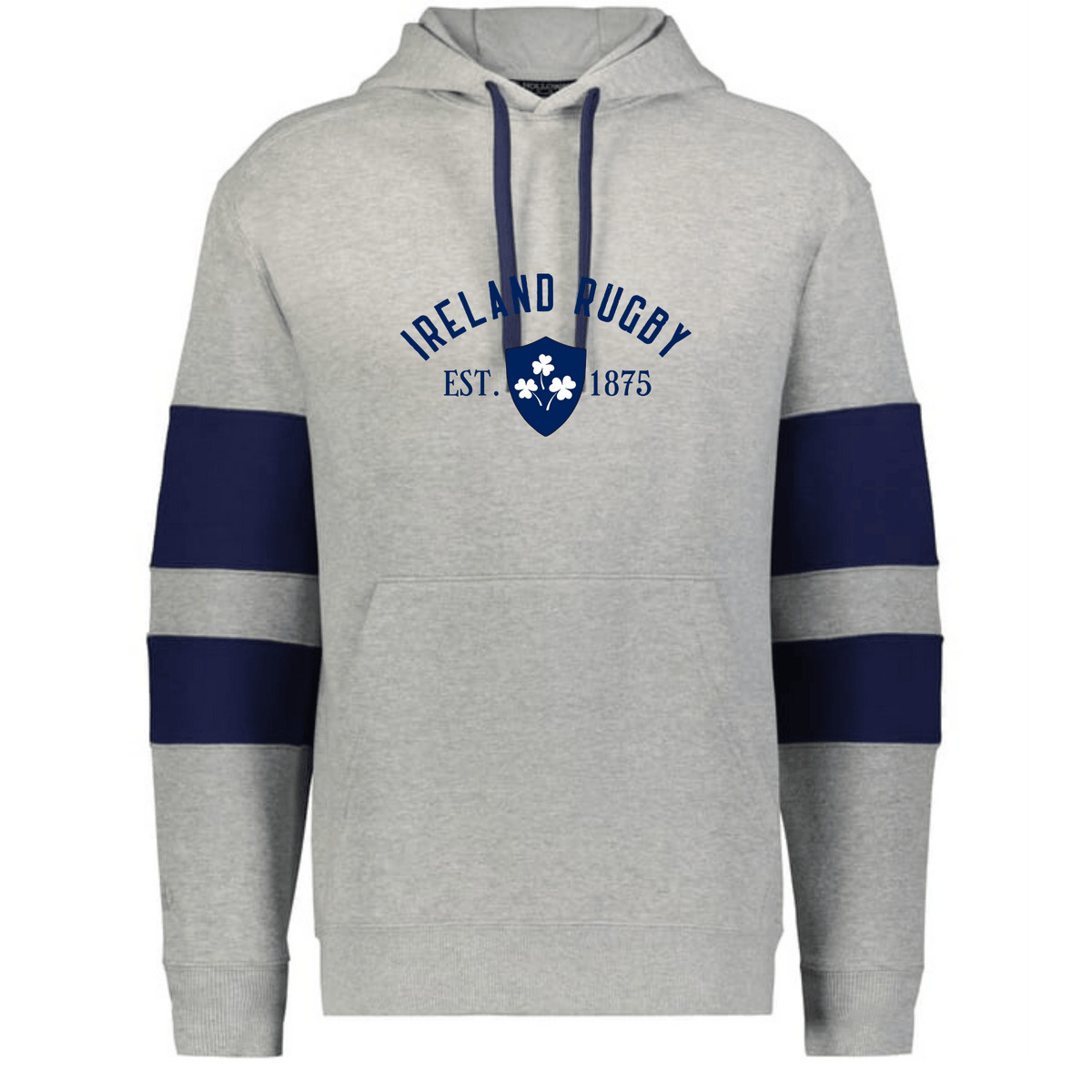 The WRS Augusta Nations of Rugby Ireland Est 1875 Jackson Way Hoodie features light grey fabric, “Ireland Rugby Est. 1875” text, a blue shamrock crest, and two navy sleeve stripes—a must-have for true Rugby Ireland fans.