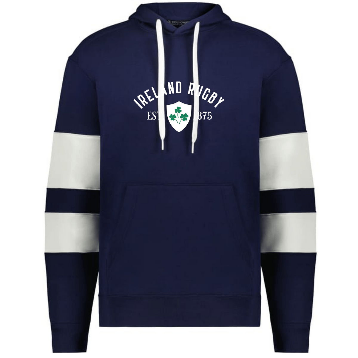 The WRS Augusta Nations of Rugby Ireland Est 1875 Jackson Way Hoodie features a navy design with white drawstrings, sleeve stripes, and a chest shamrock emblem alongside "Ireland Rugby EST. 1875.