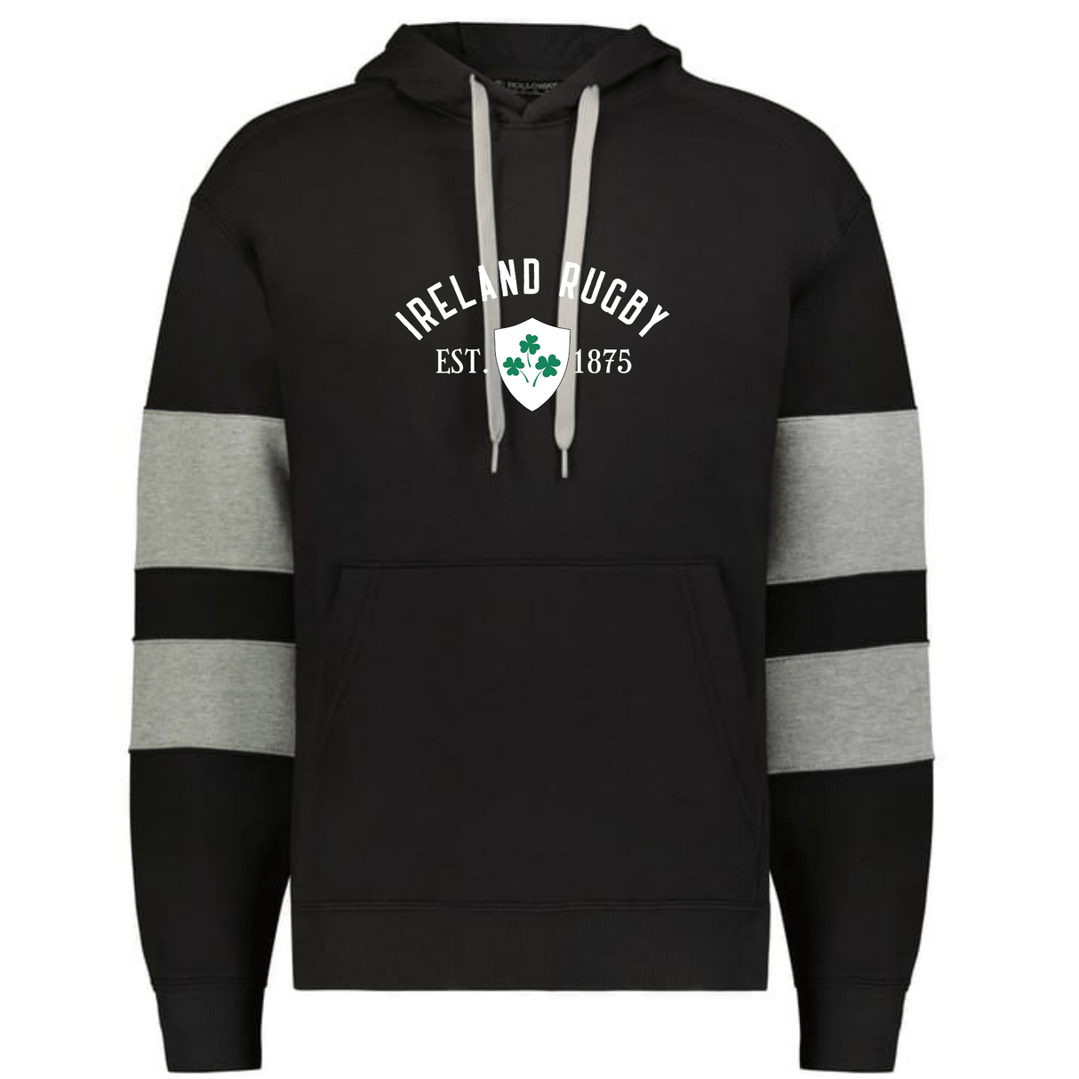 The WRS Augusta Nations of Rugby Ireland Est 1875 Jackson Way Hoodie features grey sleeve stripes, light drawstrings, and "IRELAND RUGBY EST. 1875" with a shamrock emblem—ideal for any Rugby Ireland fan.