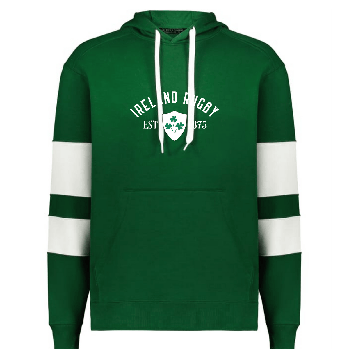 Show your support with the WRS Augusta Nations of Rugby Ireland Est 1875 Jackson Way Hoodie, featuring white drawstrings, sleeve stripes, and “Ireland Rugby Est. 1875” above a shamrock shield—ideal for any Rugby Ireland fan.