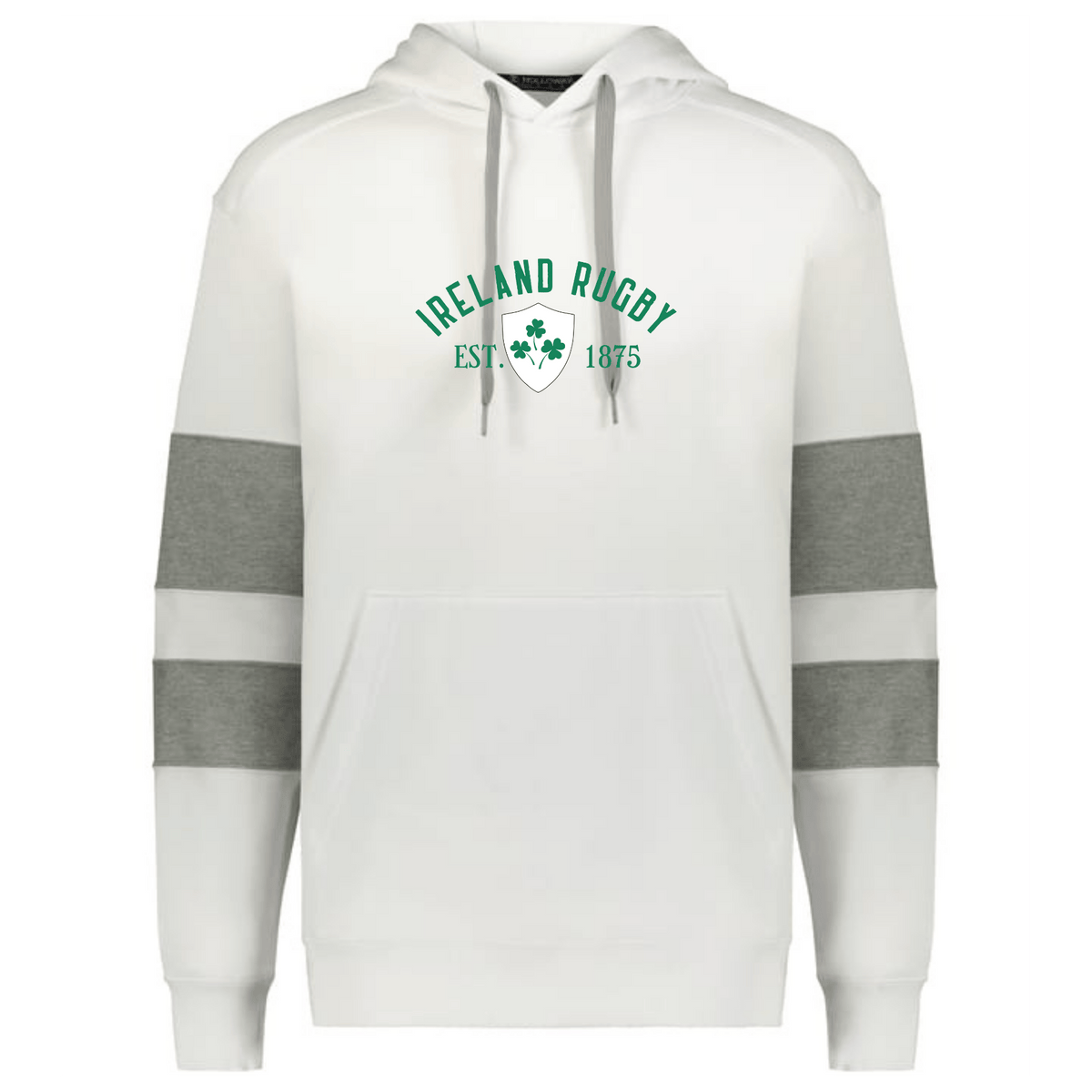 Show your support with the WRS Augusta Nations of Rugby Ireland Est 1875 Jackson Way Hoodie, featuring grey-striped sleeves, front pocket, and bold green "Ireland Rugby EST. 1875" text with shamrock graphic—perfect for true fans.