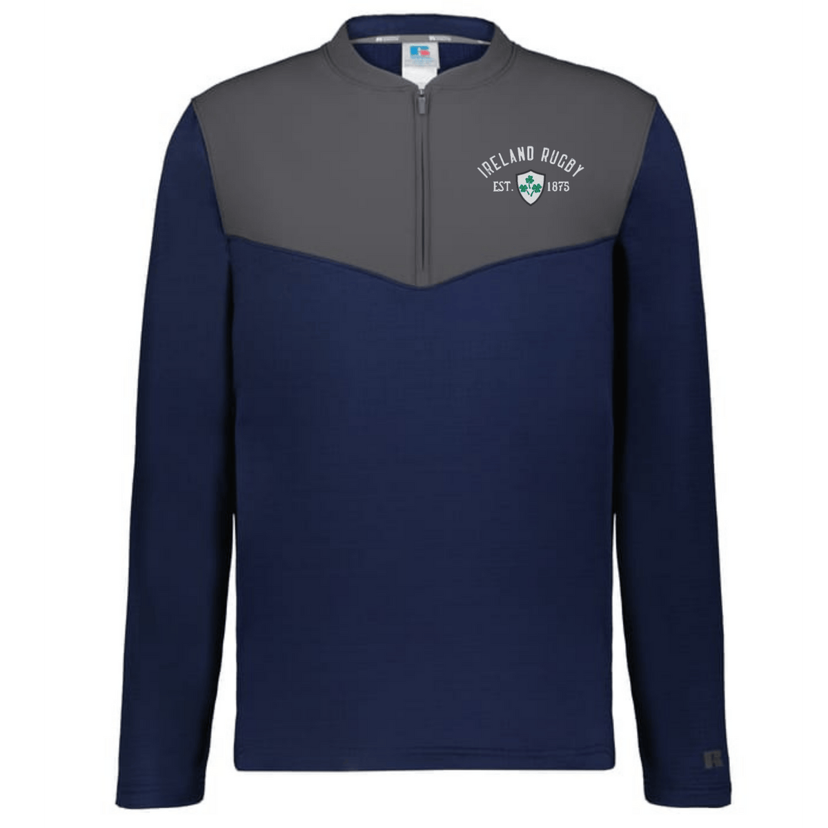 The EMB Augusta Nations of Rugby Ireland 1875 Sideline Grid 1/4 Zip Pullover in navy and gray features "Ireland Rugby Est. 1875" with a shamrock logo on the left chest—perfect for any Ireland rugby fan.