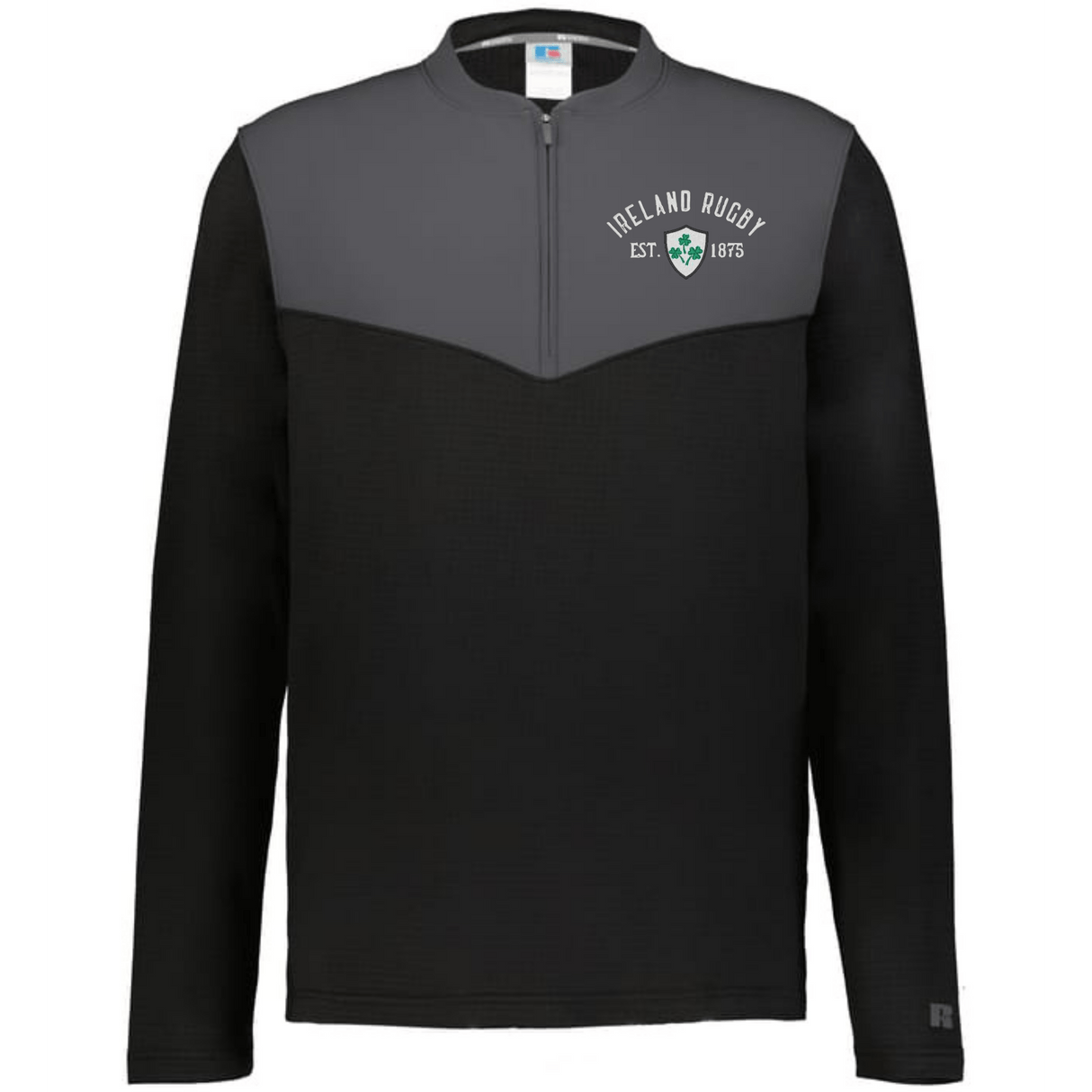 The EMB Augusta Nations of Rugby Ireland 1875 Sideline Grid 1/4 Zip Pullover in black and gray features a shamrock logo and "Ireland Rugby Est. 1878" on the chest—ideal for any Ireland rugby fan.