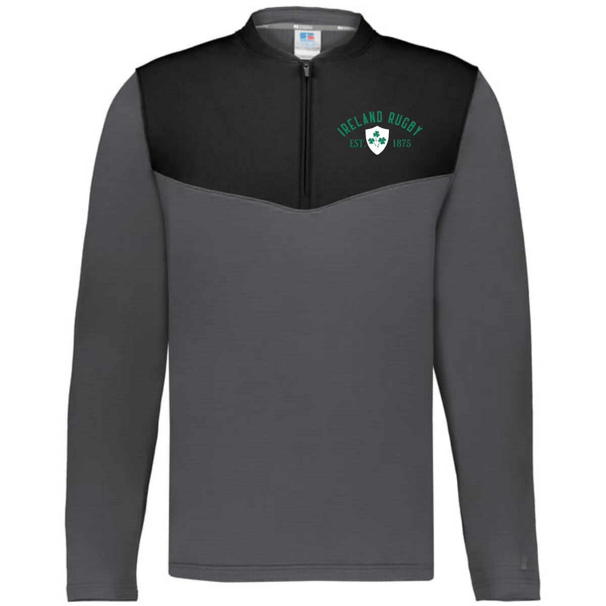 The EMB Augusta Nations of Rugby Ireland 1875 Sideline Grid 1/4 Zip Pullover features a gray and black design with an “Ireland Rugby Est. 1875” logo and shamrock emblem—ideal for any Ireland rugby fan.