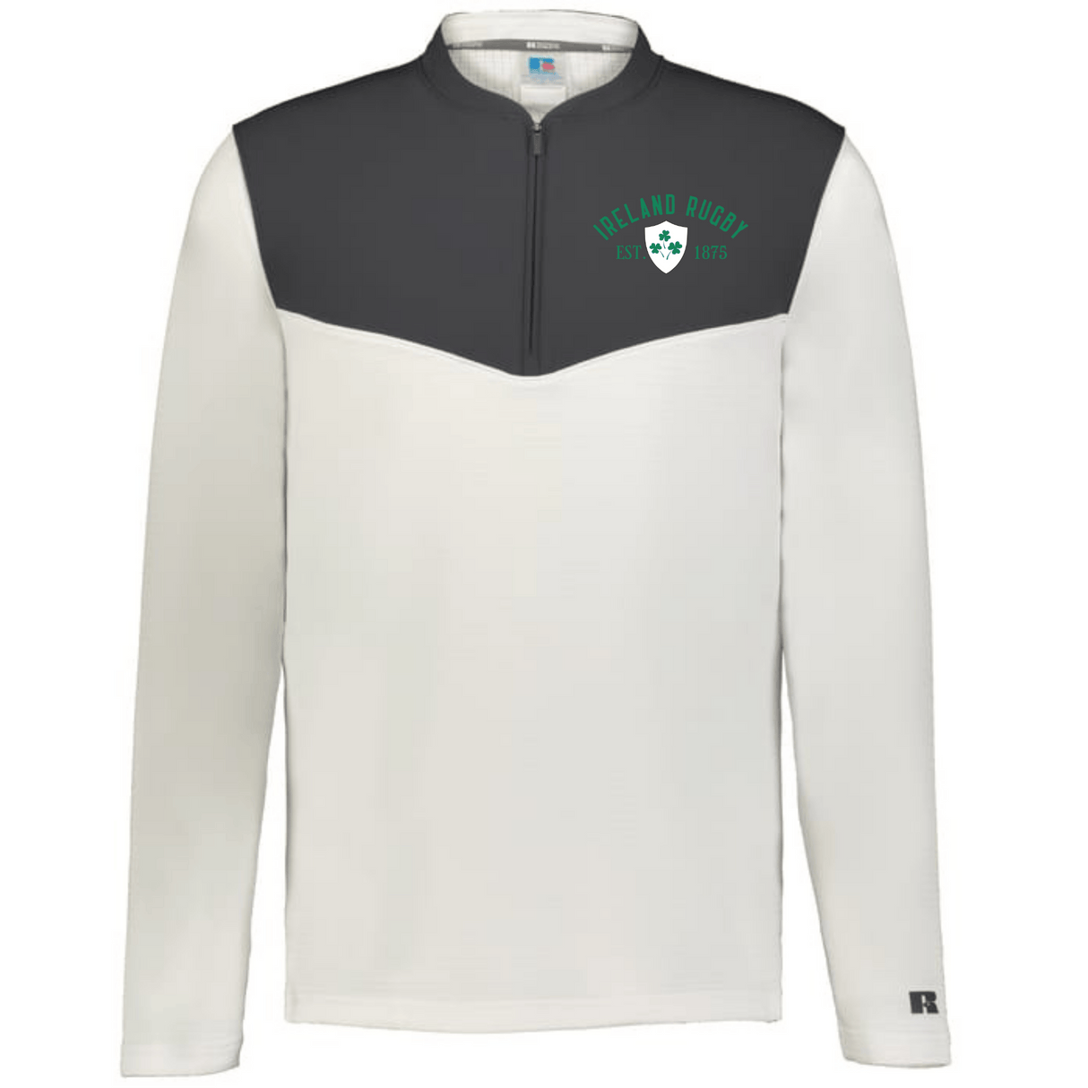 The EMB Augusta Nations of Rugby Ireland 1875 Sideline Grid 1/4 Zip Pullover features a grey upper chest, white lower half, and "Ireland Rugby" logo, blending classic style with cozy comfort for any rugby fan.