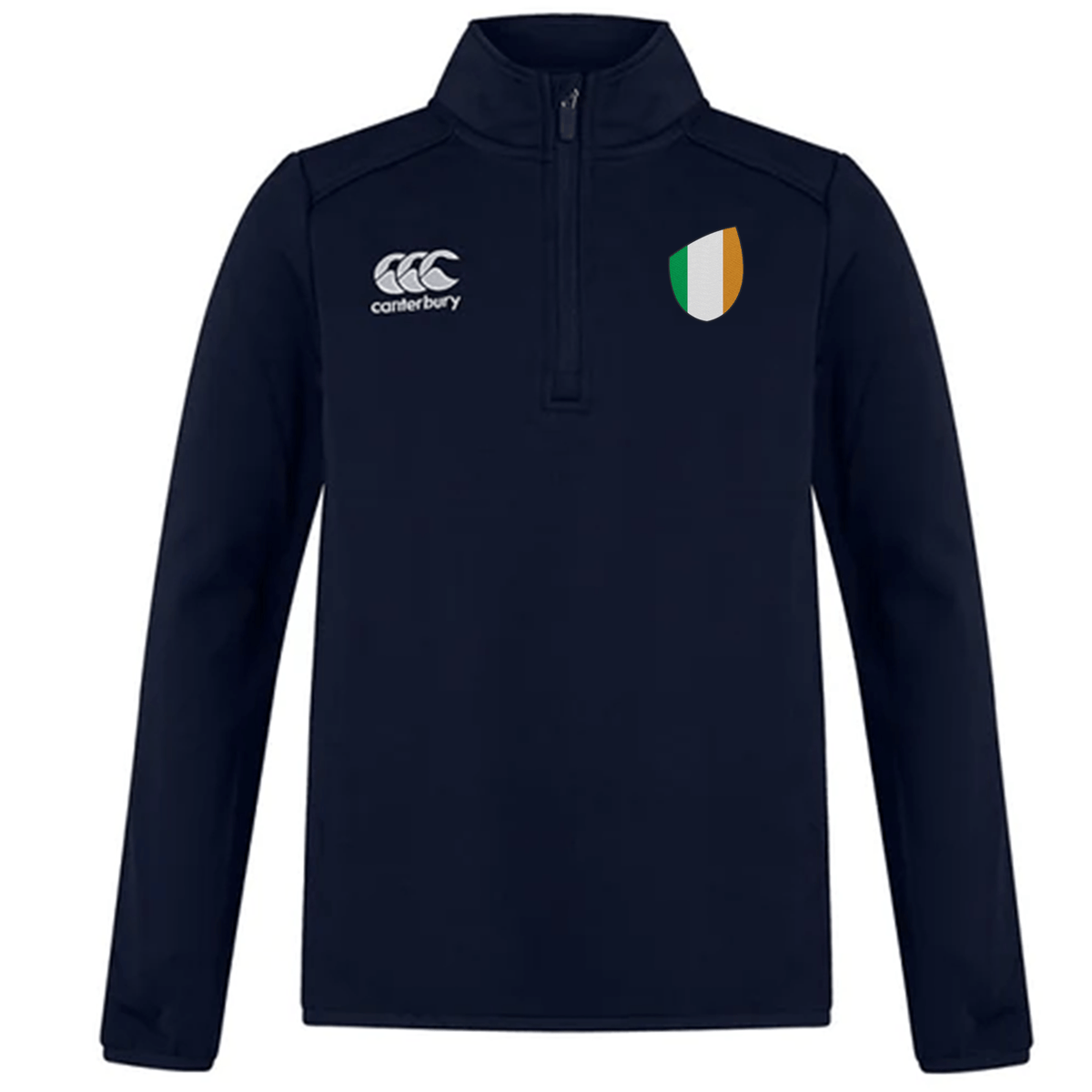 A navy blue EMB Canterbury Ireland Club Shield 1/4 Zip Training Top featuring a CCC logo on the left chest and an Ireland Club Shield on the right chest.