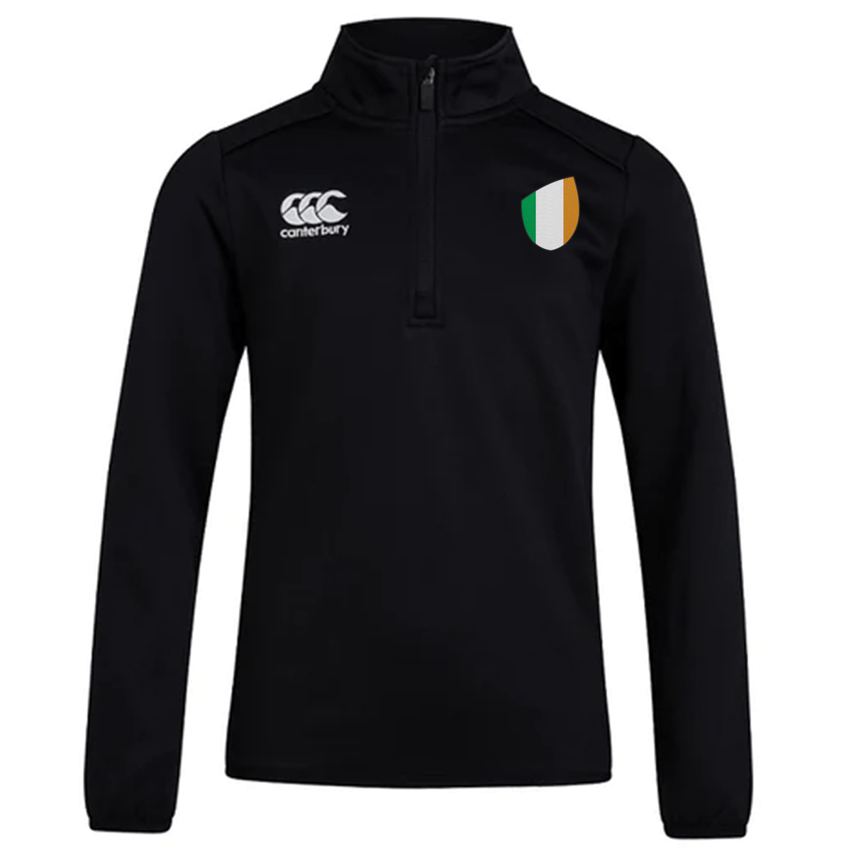 A black Ireland Club Shield 1/4 Zip Training Top by EMB Canterbury, featuring a stylish CCC logo on the left chest and an Ireland Club Shield in green, white, and orange on the right.