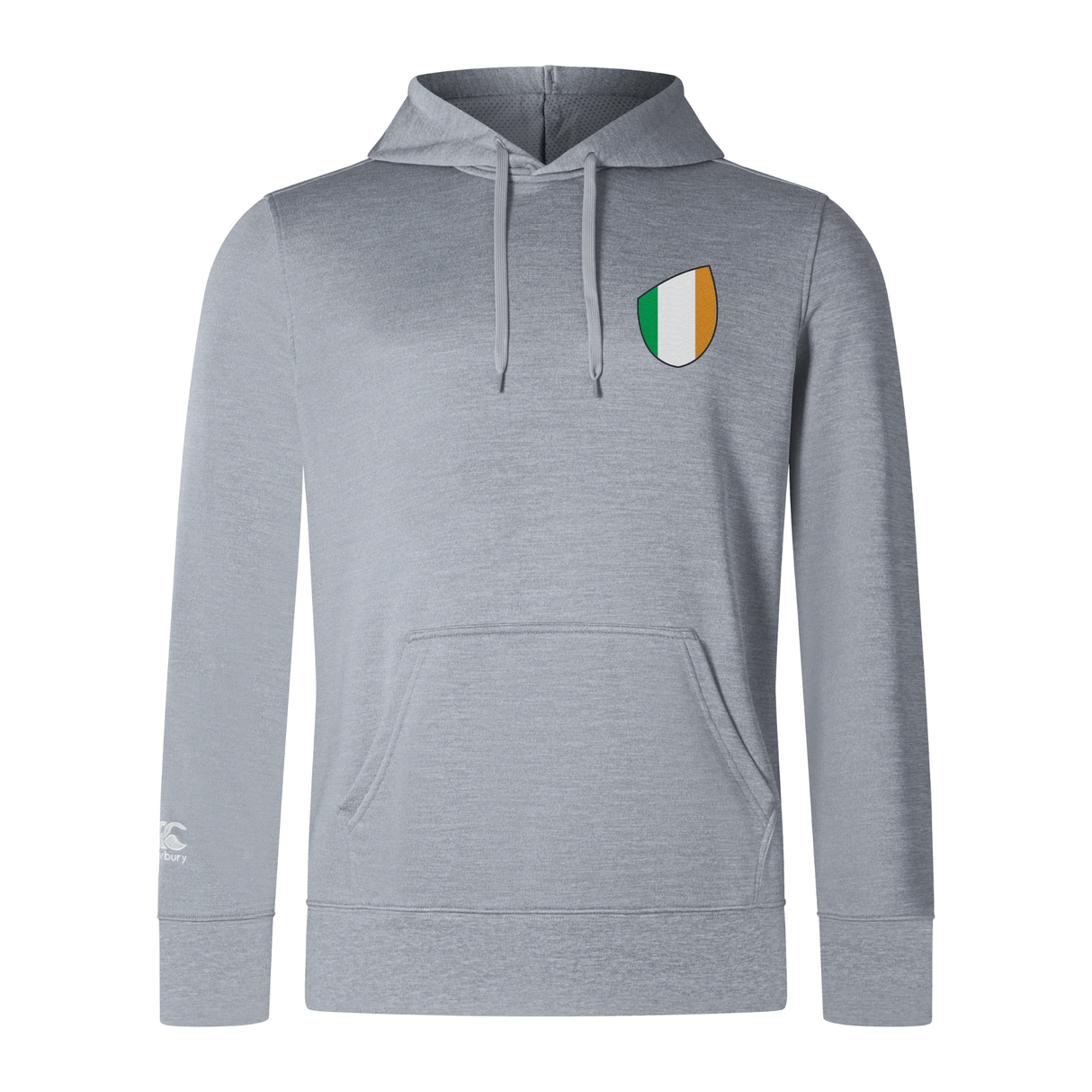 The EMB Canterbury "Ireland Shield Club Lightweight Hoodie" is a gray hoodie with a front pocket and drawstrings, featuring an Ireland Shield logo in green, white, and orange on the chest.