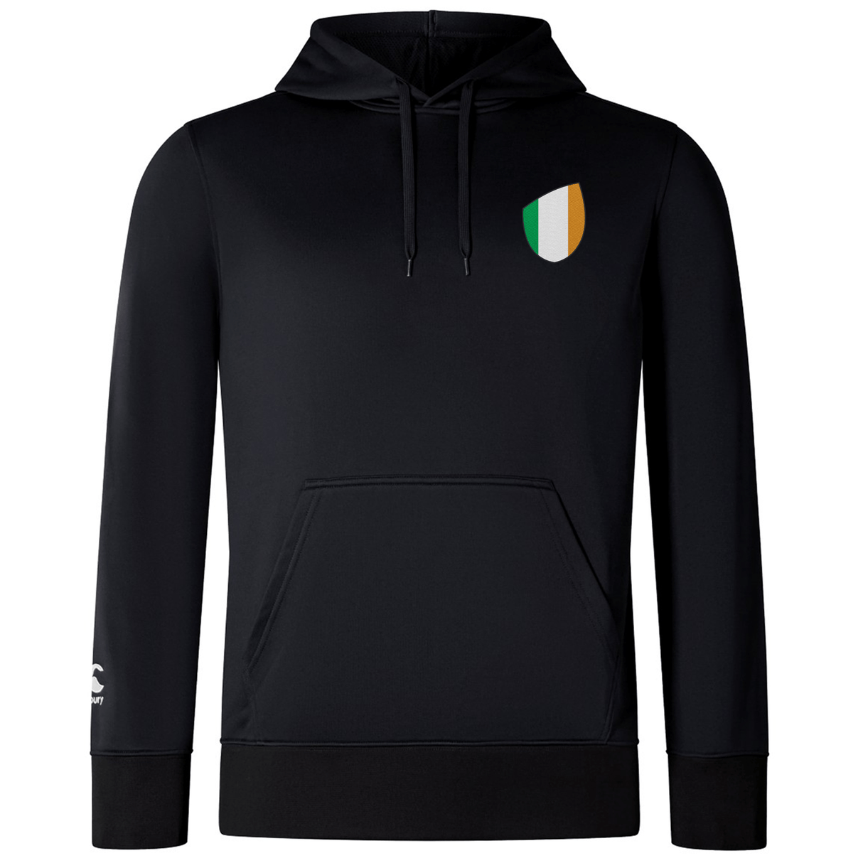Ireland Shield Club Lightweight Hoodie by EMB Canterbury in black features a front pocket, drawstrings, and a small Ireland Shield emblem with green, white, and orange vertical stripes on the left chest.