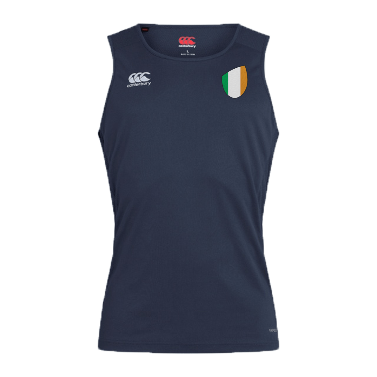 Navy blue sleeveless EMB Canterbury Ireland Shield Club Dry Singlet sports jersey with a brand logo on the right chest and a vertical Irish Shield Club patch on the left chest.
