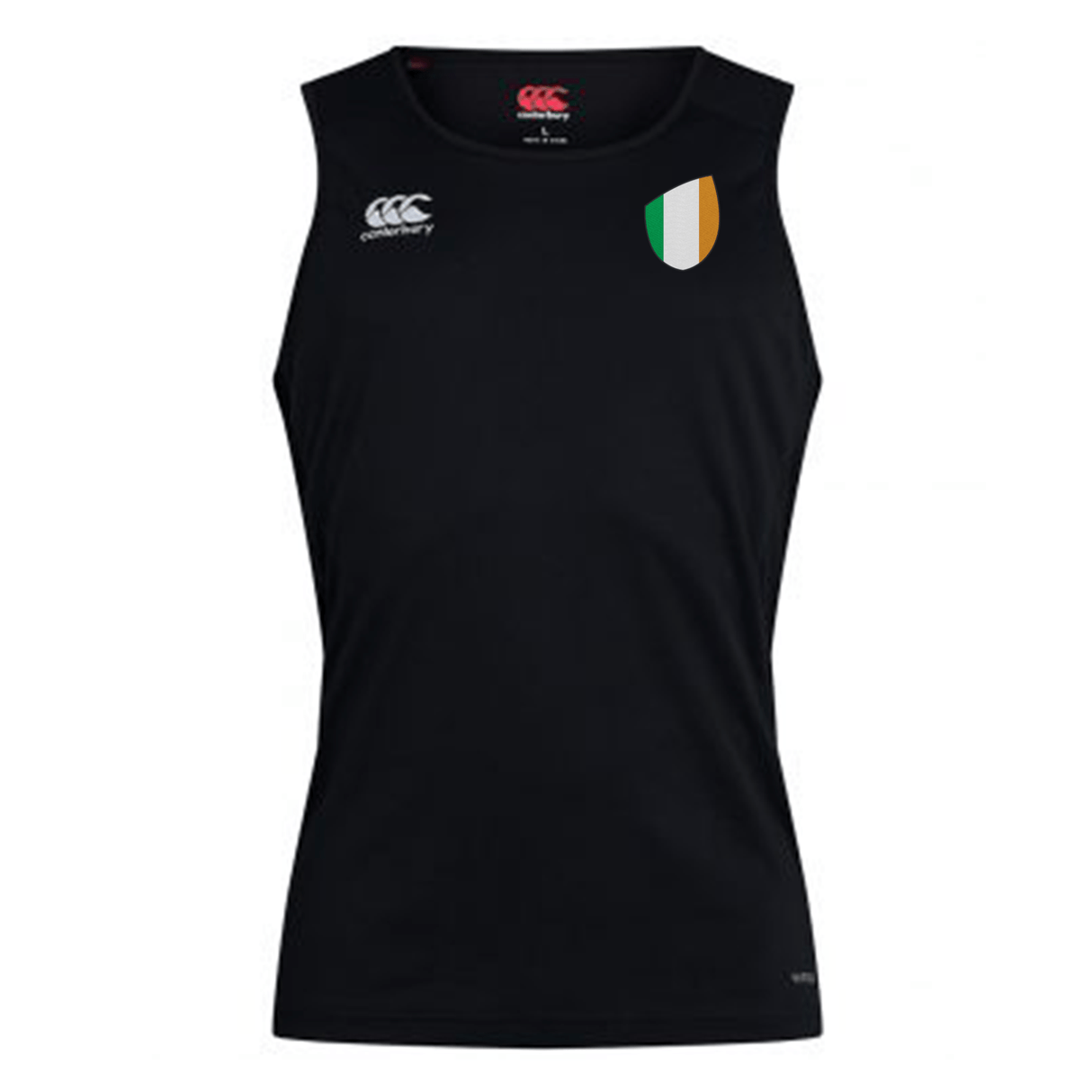 Black sleeveless Ireland Shield Club Dry Singlet with an EMB Canterbury logo on the chest, displayed on a plain background.