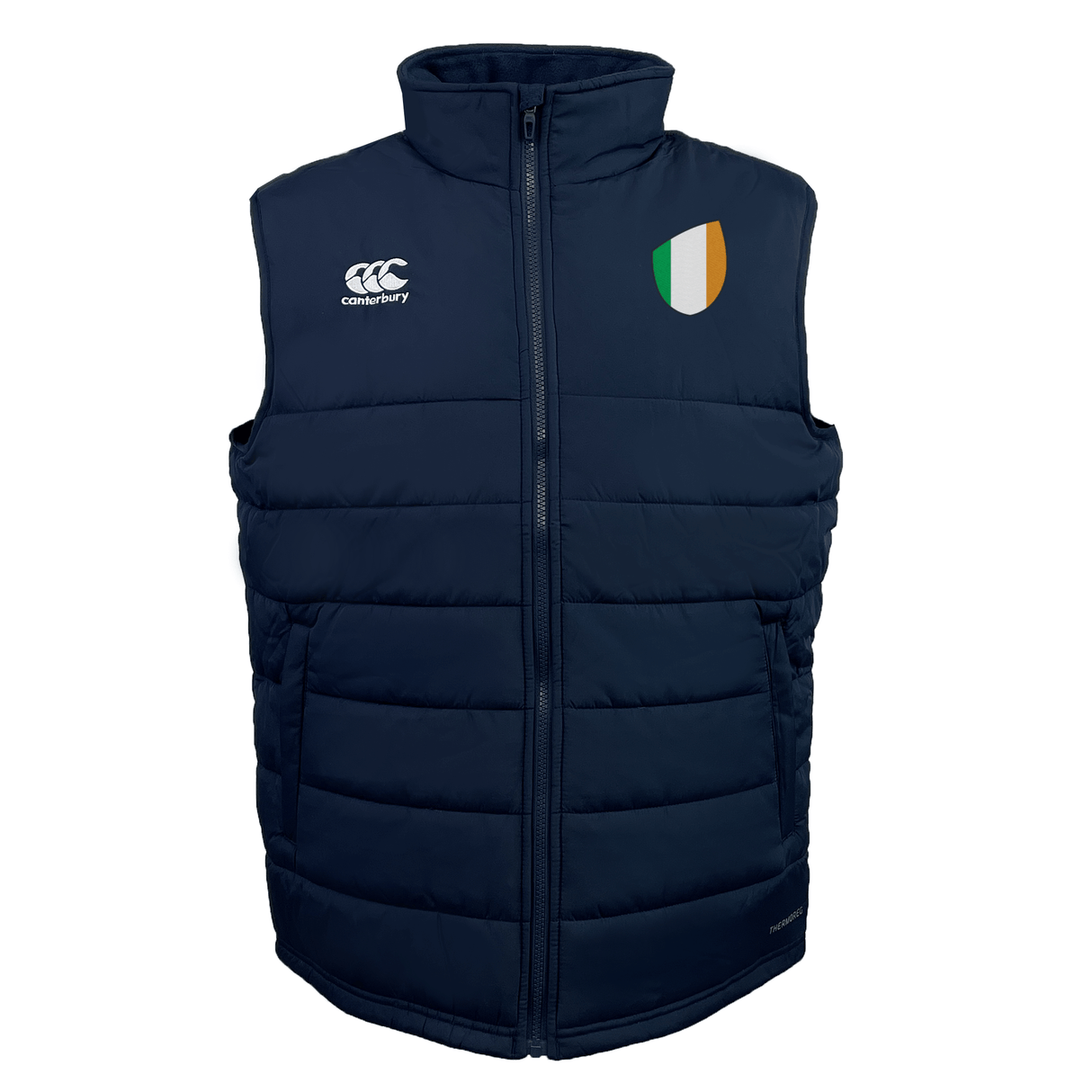 Navy blue padded vest by EMB Canterbury features Thermoreg insulation for warmth, a zip closure, and a chest logo. The Ireland Shield Core Gilet has an emblem with green, white, and orange vertical stripes.