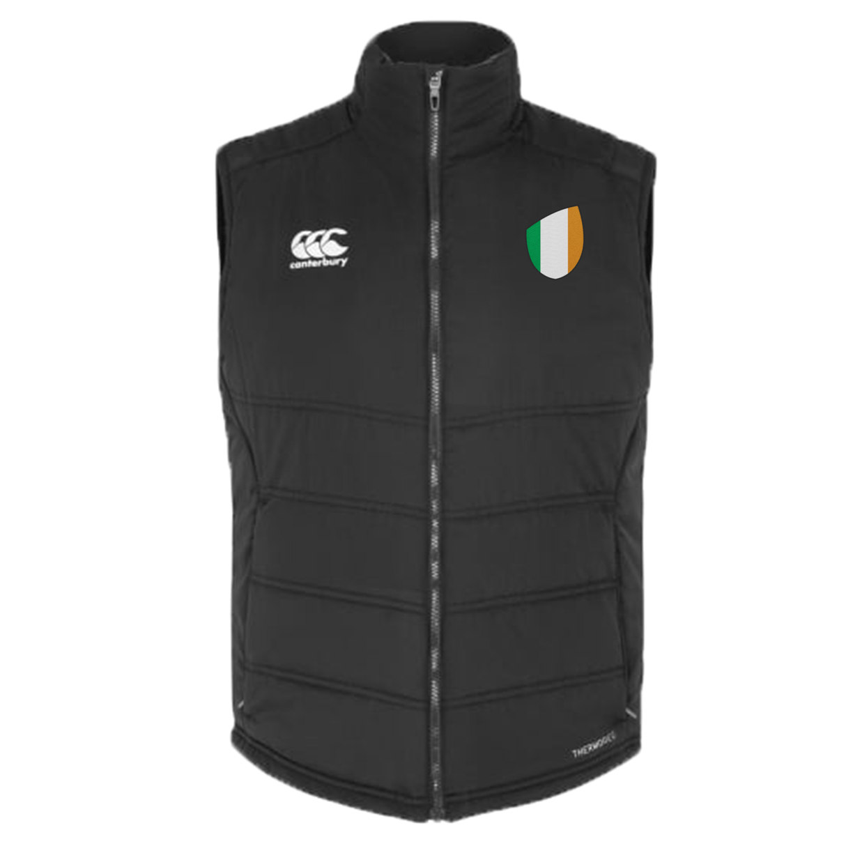 The Ireland Shield Core Gilet by EMB Canterbury is a black sleeveless padded gilet with a zipper front, featuring a white logo on the left chest and an Ireland Shield emblem with green, white, and orange stripes on the right chest.