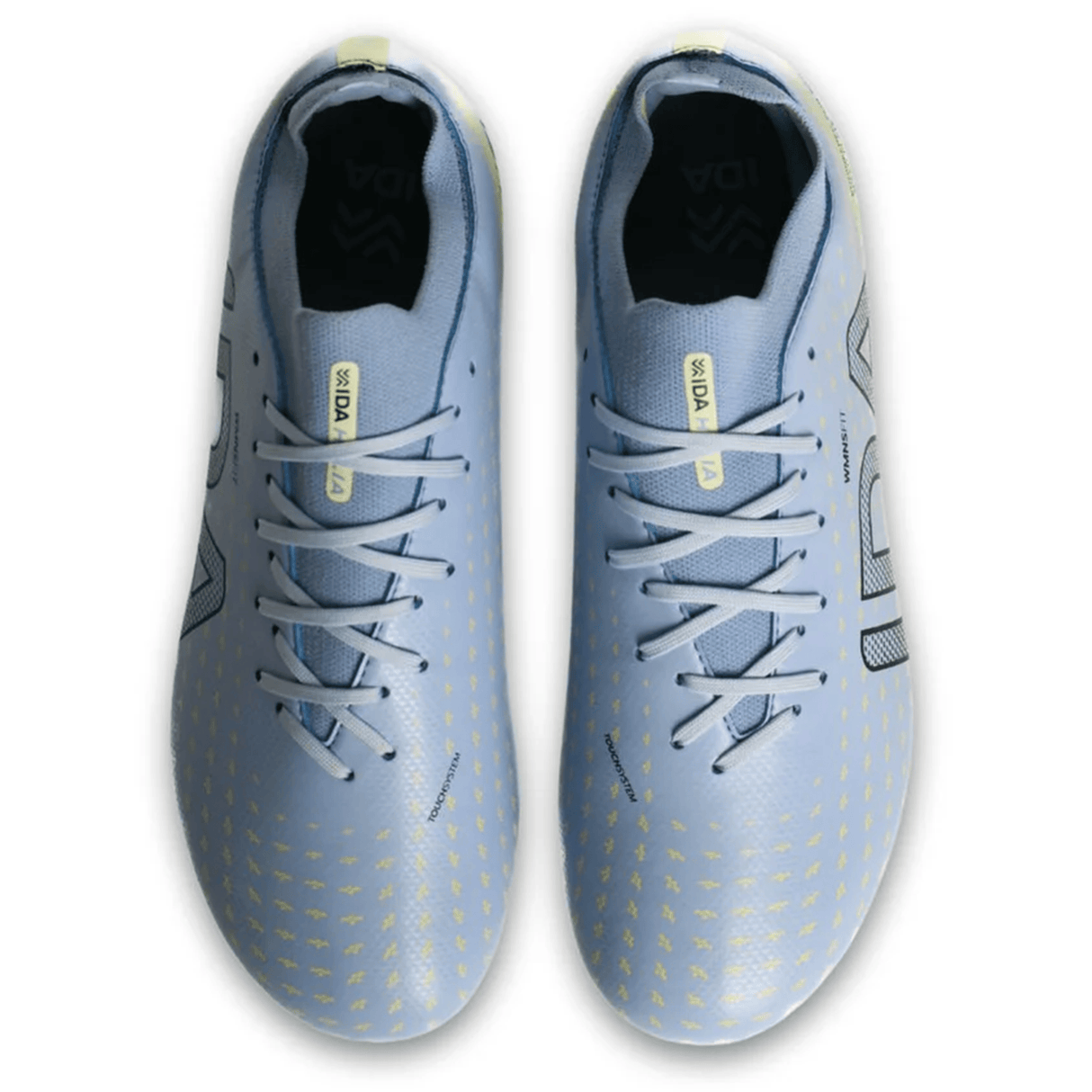 Top view of IDA Sports' IDA Helia Club FG women's soccer cleats in light blue with yellow accents and black detailing, laces, and brand label on the tongue—ideal firm ground boots.