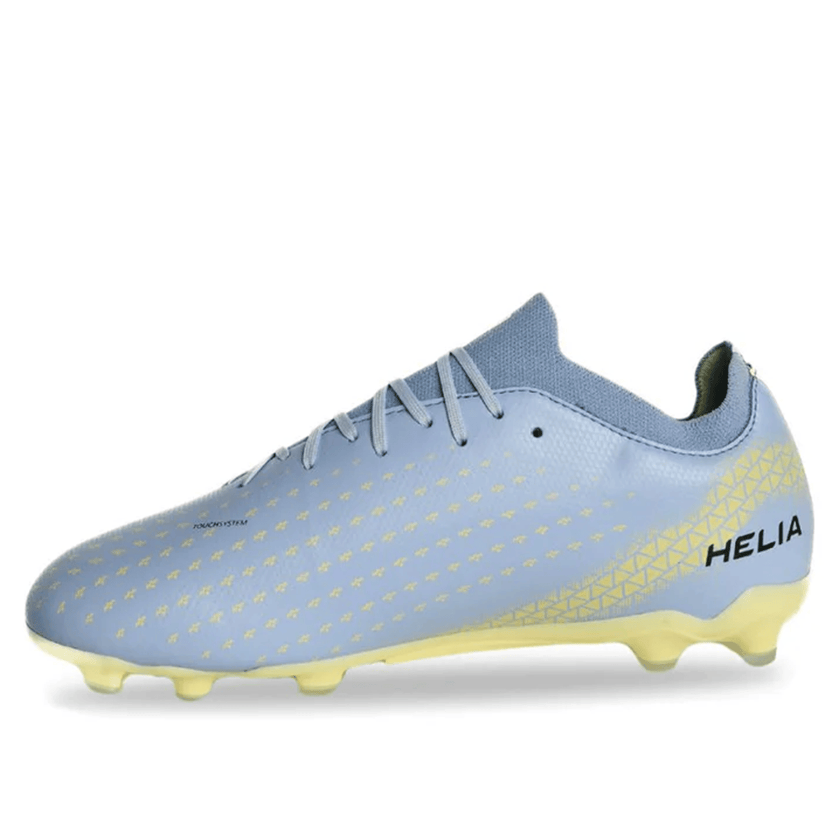 The IDA Helia Club FG - Light Blue by IDA Sports is a women’s soccer cleat featuring a light blue and yellow textured design, lace-up closure, and branded heel—ideal firm ground boots for style and top performance.