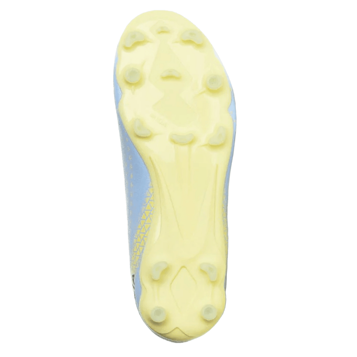 The yellow sole of the IDA Sports IDA Helia Club FG - Light Blue women’s soccer cleat features conical and bladed studs, shown from below against a white background—perfect firm ground boots for top performance.
