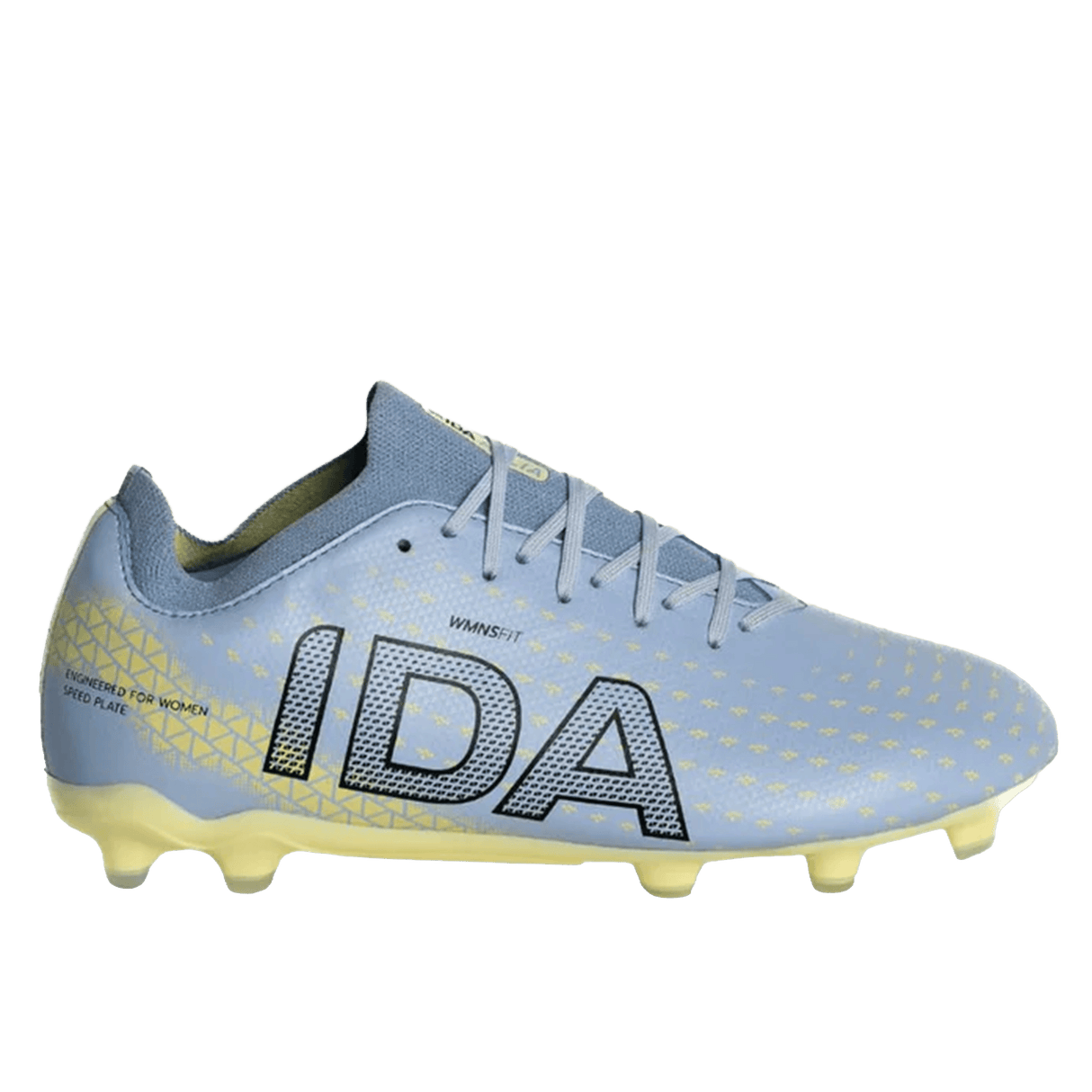 The IDA Helia Club FG - Light Blue by IDA Sports is a women's soccer cleat with yellow accents and studs, "IDA" text on the side, engineered as firm ground boots for top female football performance.