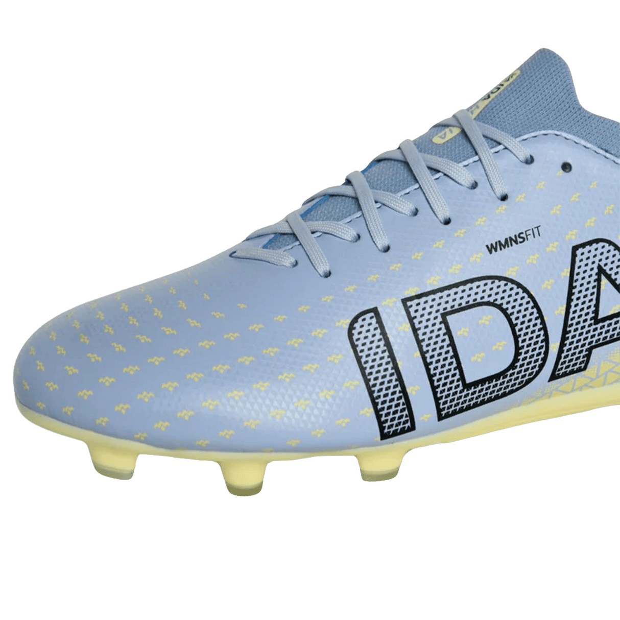 The IDA Sports IDA Helia Club FG - Light Blue women's soccer cleats feature yellow studs, a yellow dot pattern, blue laces, and "WMNS FIT" above bold black and white text—ideal firm ground boots for comfort and style on the field.