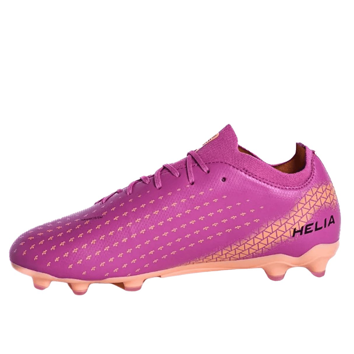 The IDA Helia Club FG - Dark Pink by IDA Sports is a women’s soccer cleat with yellow accents, pink laces, and a peach sole—ideal for standout style and performance on firm ground. "HELIA" appears on the heel for a bold finish.