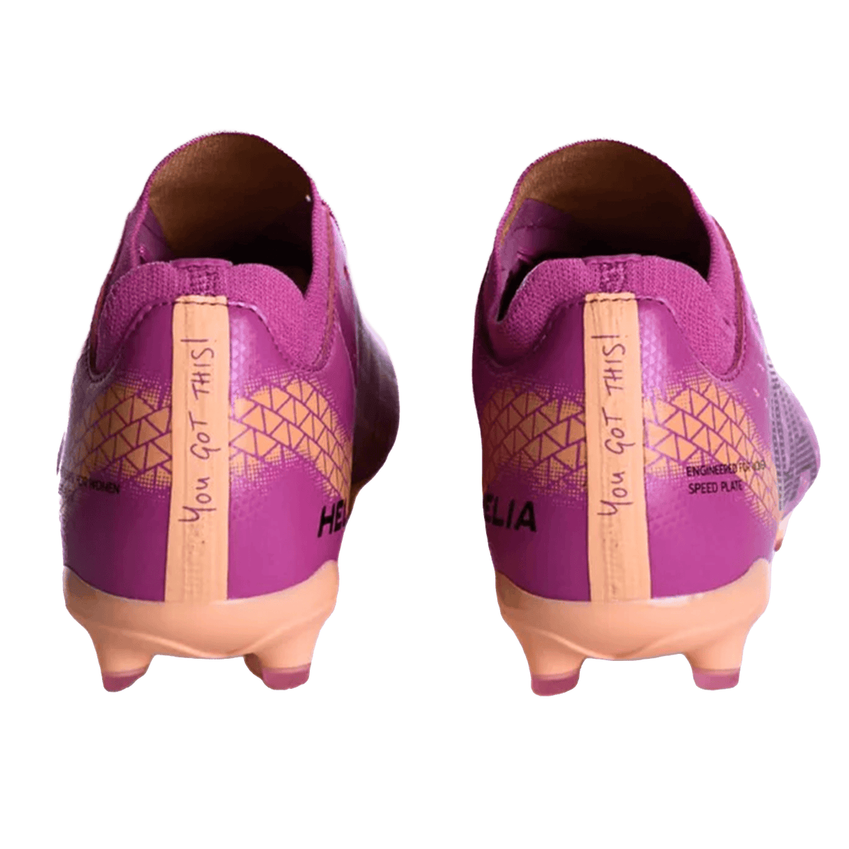 The IDA Sports IDA Helia Club FG - Dark Pink women’s soccer cleats are shown from the back, featuring “You got this!” on each heel tab.